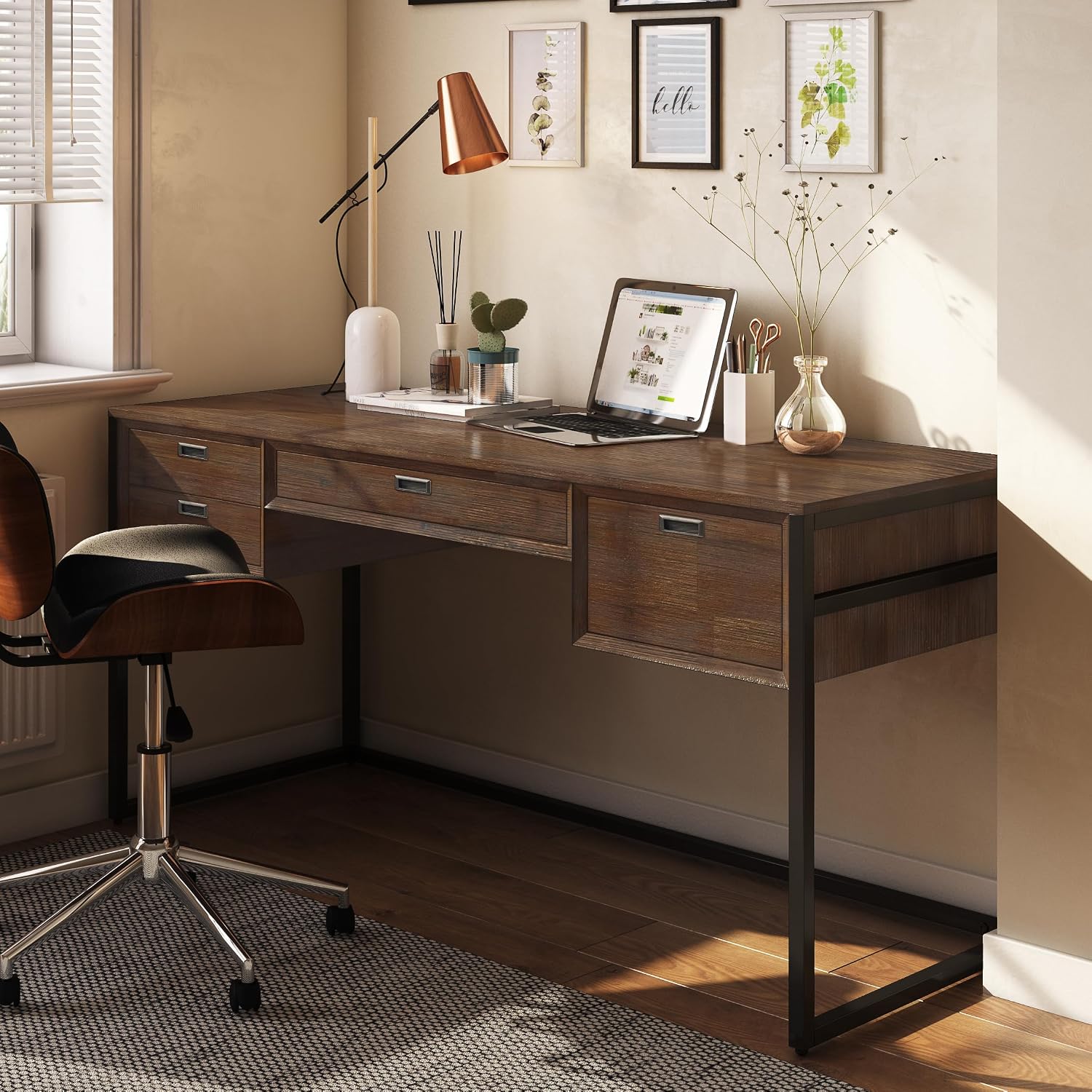 SIMPLIHOME Richmond Desk - 60 Inch Wide Solid Acacia Wood and Metal Writing Desk in Rustic Natural Aged Brown, Modern Industrial Home Office Computer Table with 2 Drawers and Flip-Down Keyboard Tray