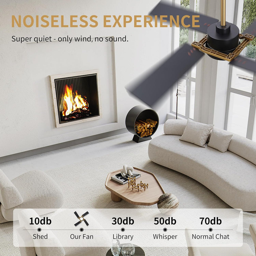 WINGBO 48 Inch Ceiling Fan with Light and Remote, 4 Plywood Blades, 6-Speed Reversible DC Motor, Dimmable, 3CCT, Farmhouse Ceiling Fan for Bedroom Living Room Kitchen, Brass and Black/Walnut