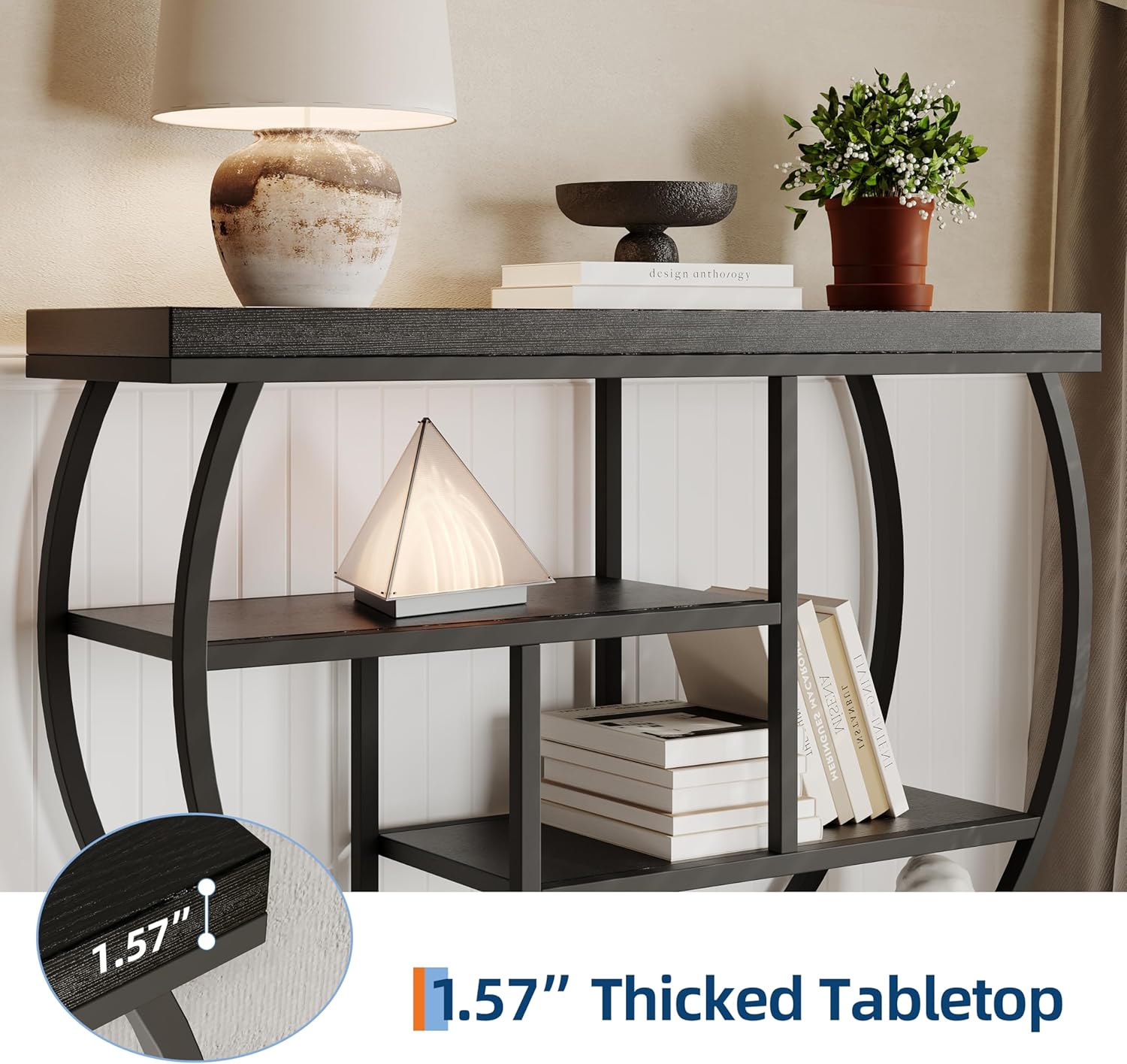 Garvee Entryway Table with Storage, Industrial 4-Tier Narrow Console Table Behind Couch with Half-Circle Base & Storage Shelves for Living Room, Hallway, Foyer