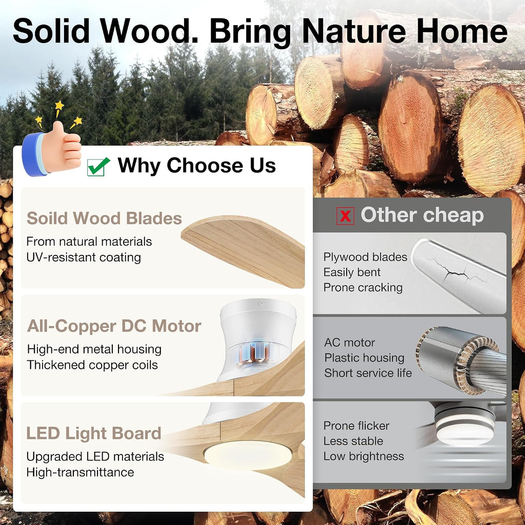 52' Wood Ceiling Fans with Lights Remote,Low Profile Flush Mount Ceiling Fan with Light,Outdoor Indoor Modern Ceiling fans for Bedroom Living room Patio,Light Wood&White,3 Blades,Dimmable LED,Quiet
