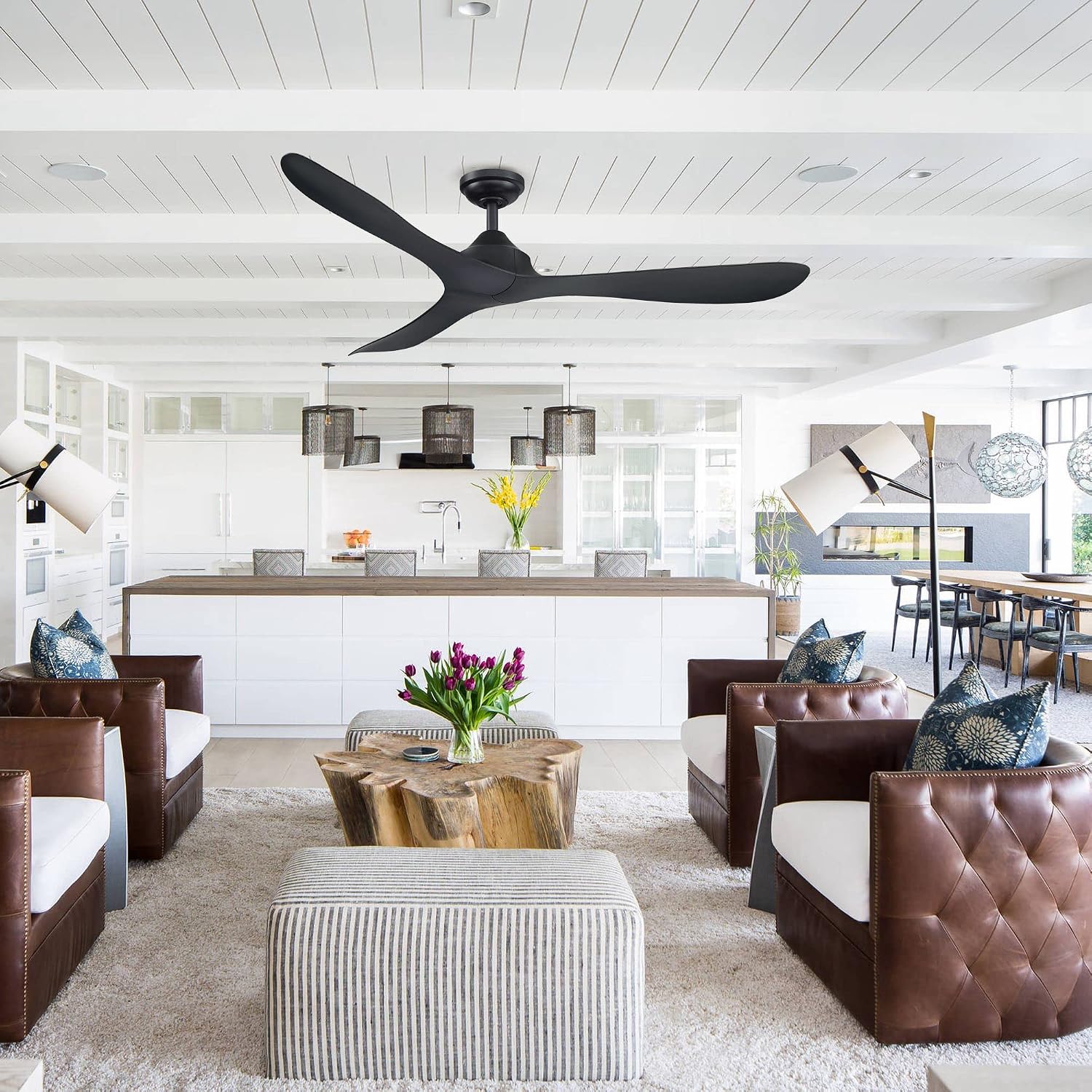 56' Black Ceiling Fan No Light - Modern Ceiling Fan without Light and Remote, 6 Speeds, Reversible 3 Blades, Outdoor Ceiling Fans for Patios Bedroom Living Room Garage