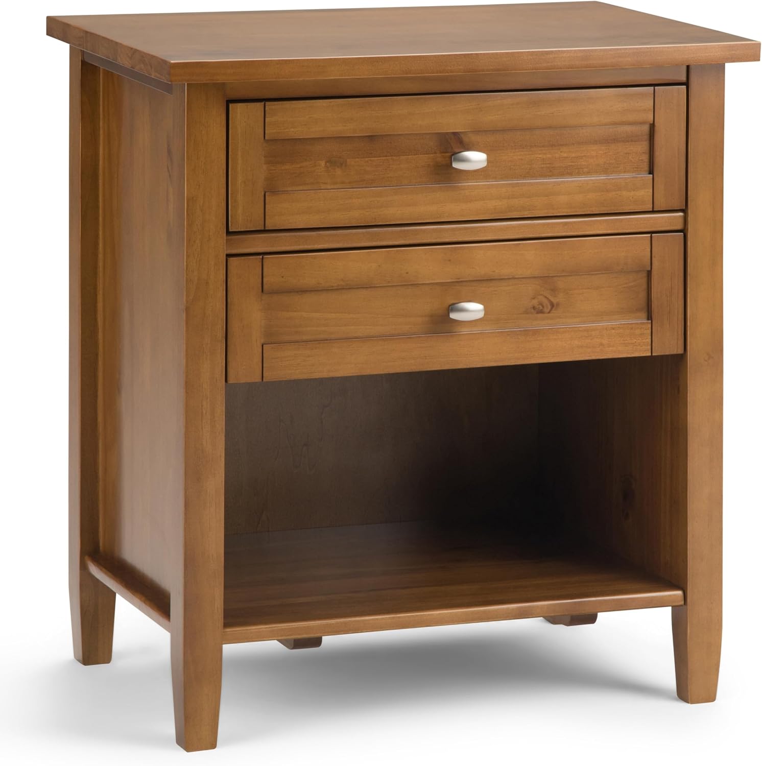 SIMPLIHOME Warm Shaker Bedside Table - 24 inch Wide Solid Wood Nightstand in Light Golden Brown, Transitional Bedroom Side or End Table with 2 Drawers, Open Shelf Storage and Brushed Nickel Hardware