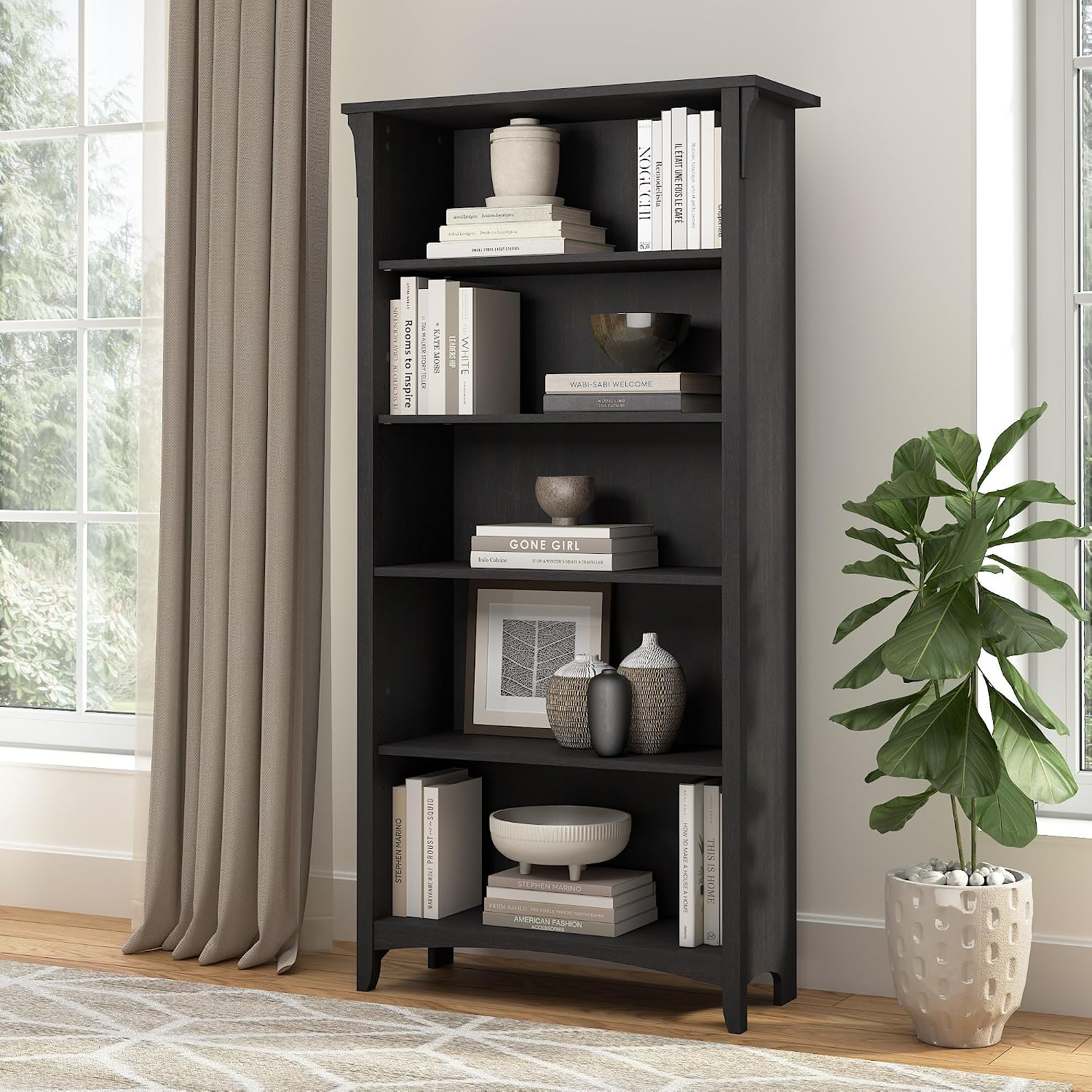 Bush Home Salinas 5 Shelf Bookcase in Vintage Black, Tall Bookshelf, Large Book Shelf for Living Room, Home Office, or Entryway