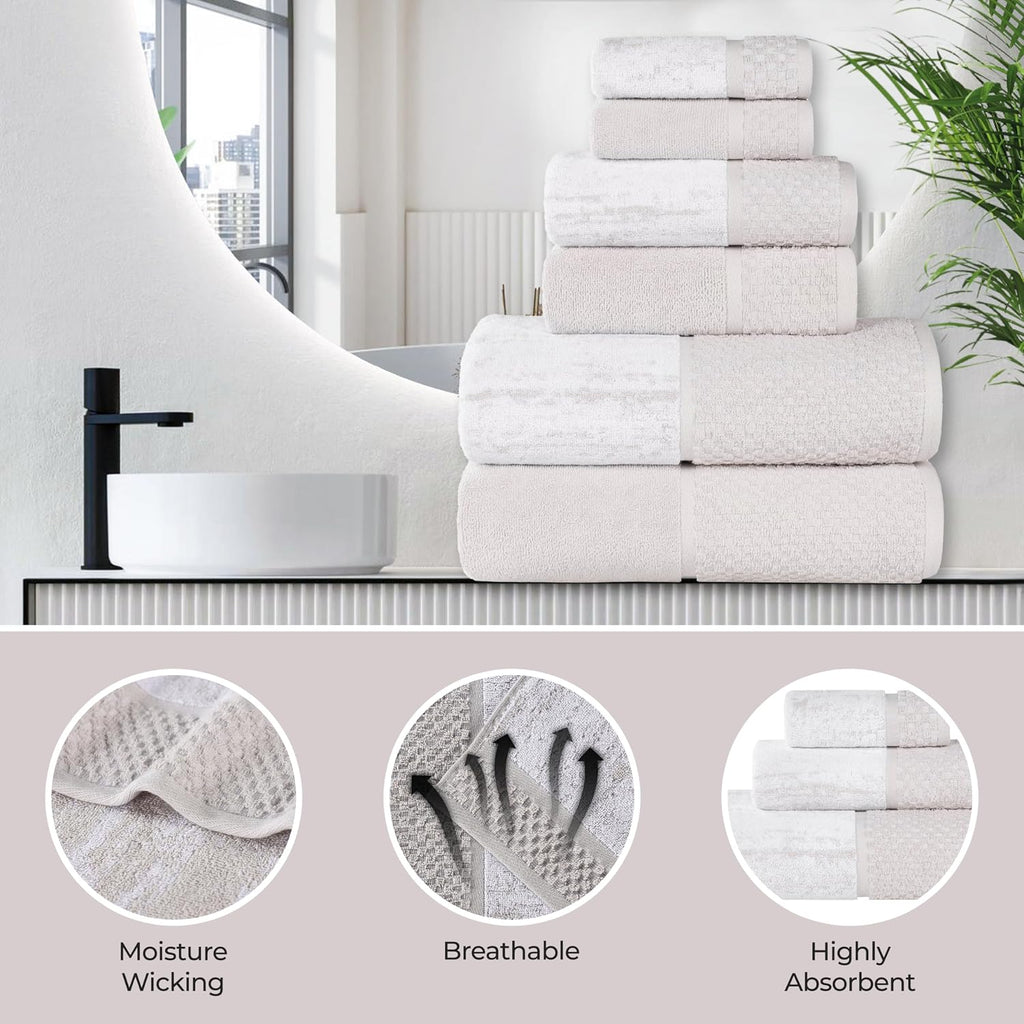 Superior Cotton 12 Piece Assorted Towel Set, Quick Dry, Bathroom Essentials, Shower, Spa, Soft Absorbent Towels, Includes 4 Bath, 4 Hand, 4 Washcloth/Face Towels, Lodie Collection, Stone-White