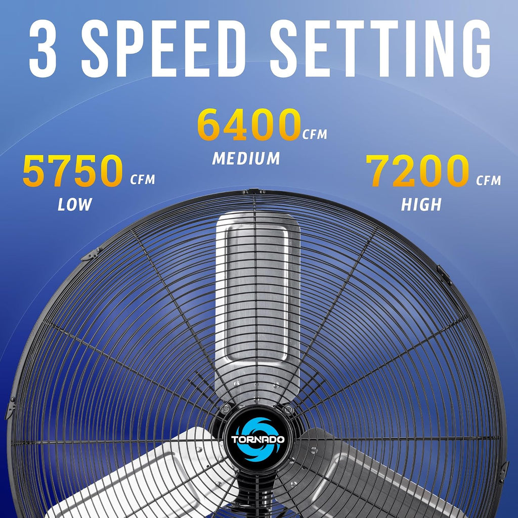 Tornado 24 Inch Pro Series High Velocity Oscillating Wall Mount Fan For Commercial, Industrial Use 3 Speed 7200 CFM 6.6 FT Cord UL Safety Listed