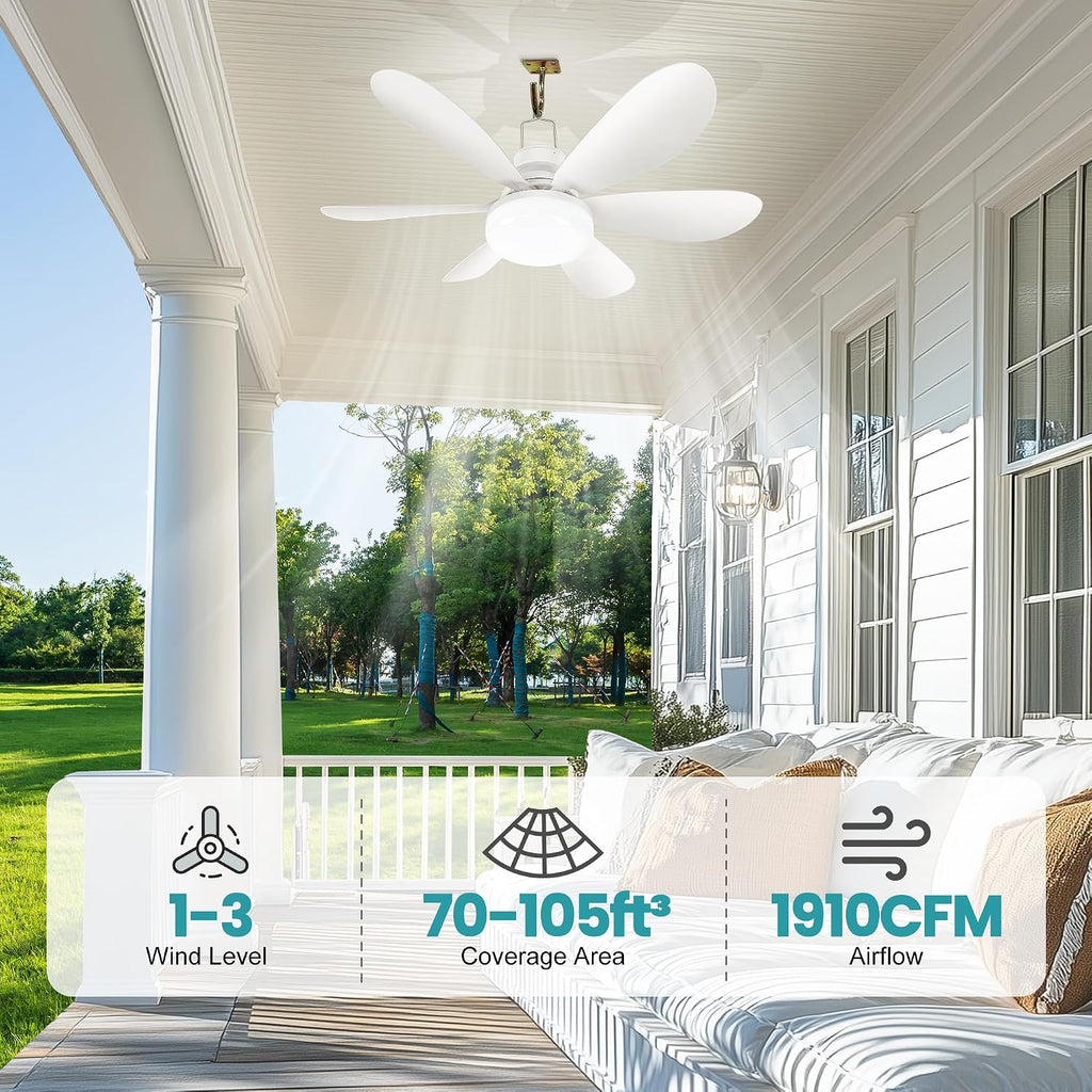 Solar Ceiling Fan with Adjustable Thermostat, 20' Outdoor Ceiling Fans with Battery & 2pcs 15W Bifacial Solar Panels, Solar Powered Fan Light for Gazebo, Chicken Coop, RV (White)