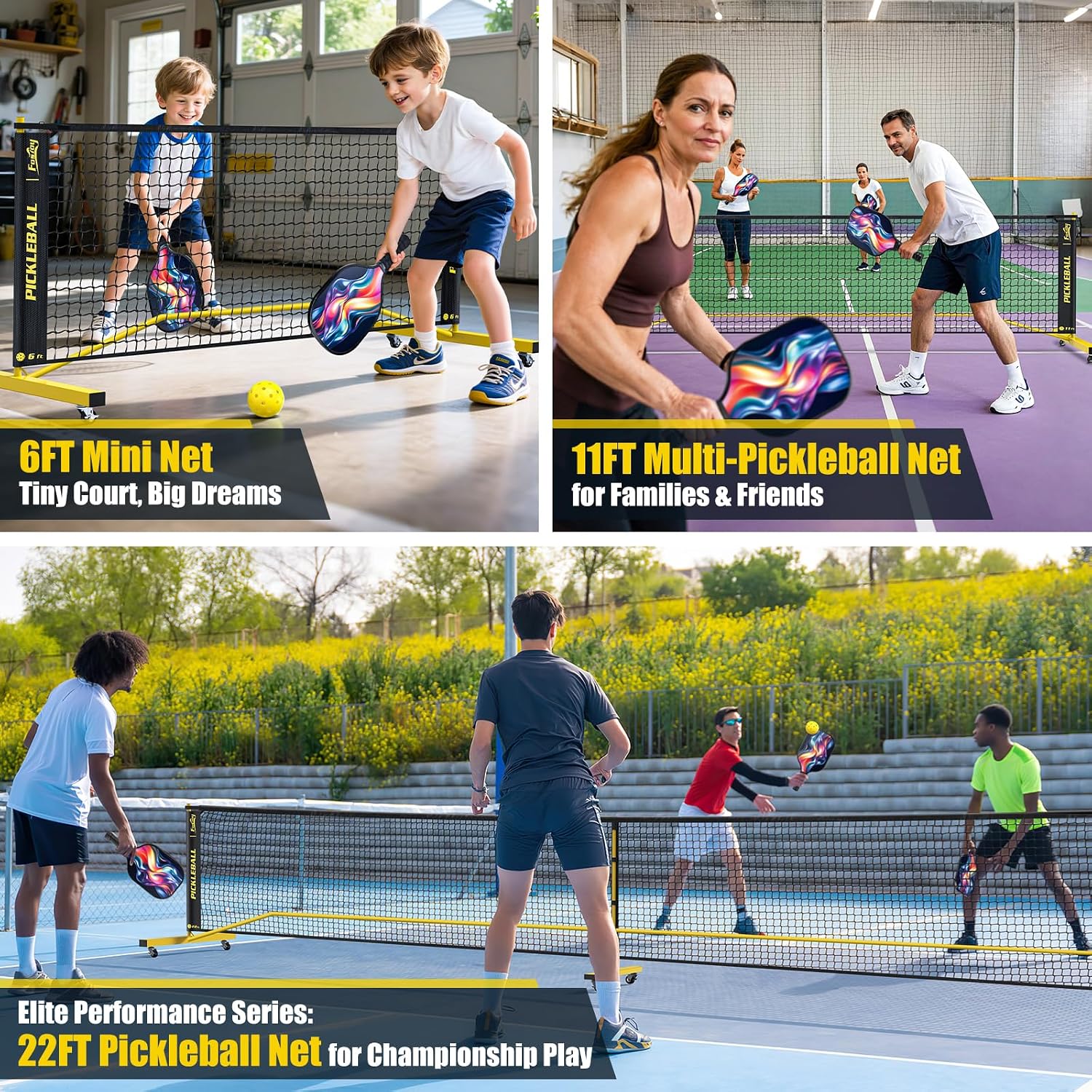 Pickleball Set Net with 4 Paddles, 6FT/11FT/22FT Portable 3-in-1 Pickle Ball Net with Carry Bag, Pickleballs, Designed for All Weather Conditions