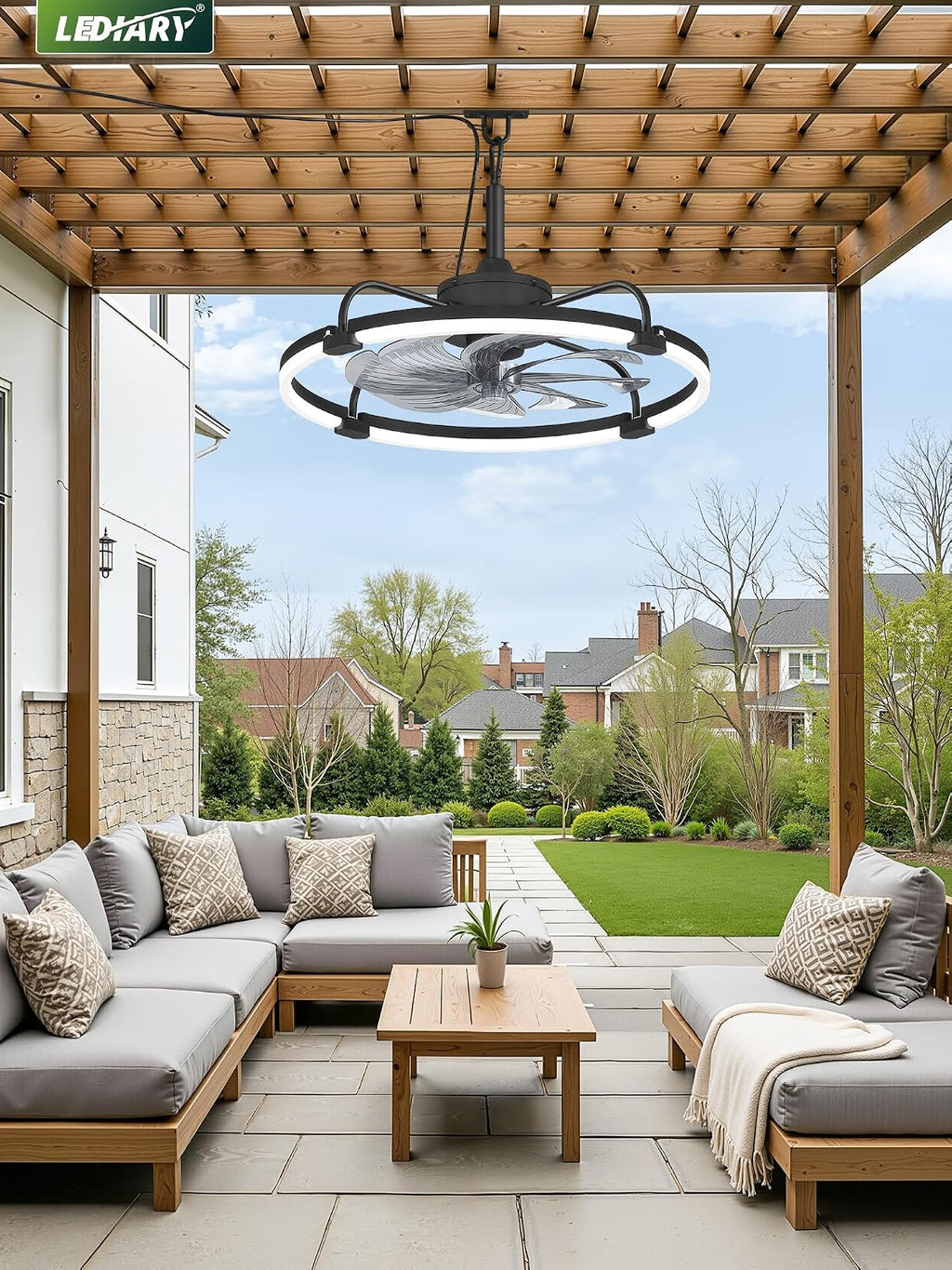 LEDIARY 24' Outdoor Ceiling Fans with Light for Patios, IP65 Waterproof Gazebo Fan, Plug-in Hanging Fan Remote&APP Control, 3CCT Dimmable, 6-Speeds, Caged Ceiling Fan for Gazebo,Patio,Pergola,Porch