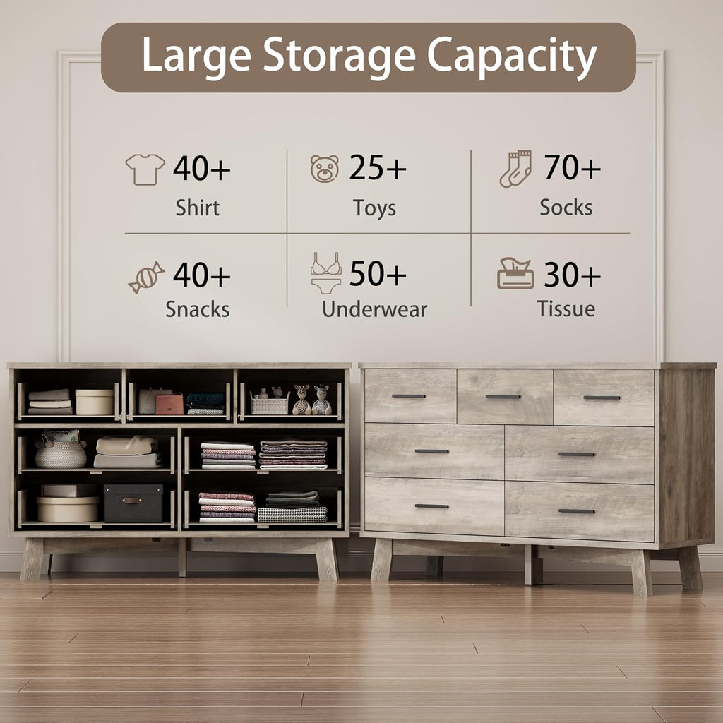 Xixini Dresser for Bedroom with 7 Drawer, Wood Modern Chest of Drawers with X-Shaped Sturdy Base, Wide Double Dresser Closet Clothes Storage Organizer, Wooden TV Stand for Living Room, Hallway, Grey