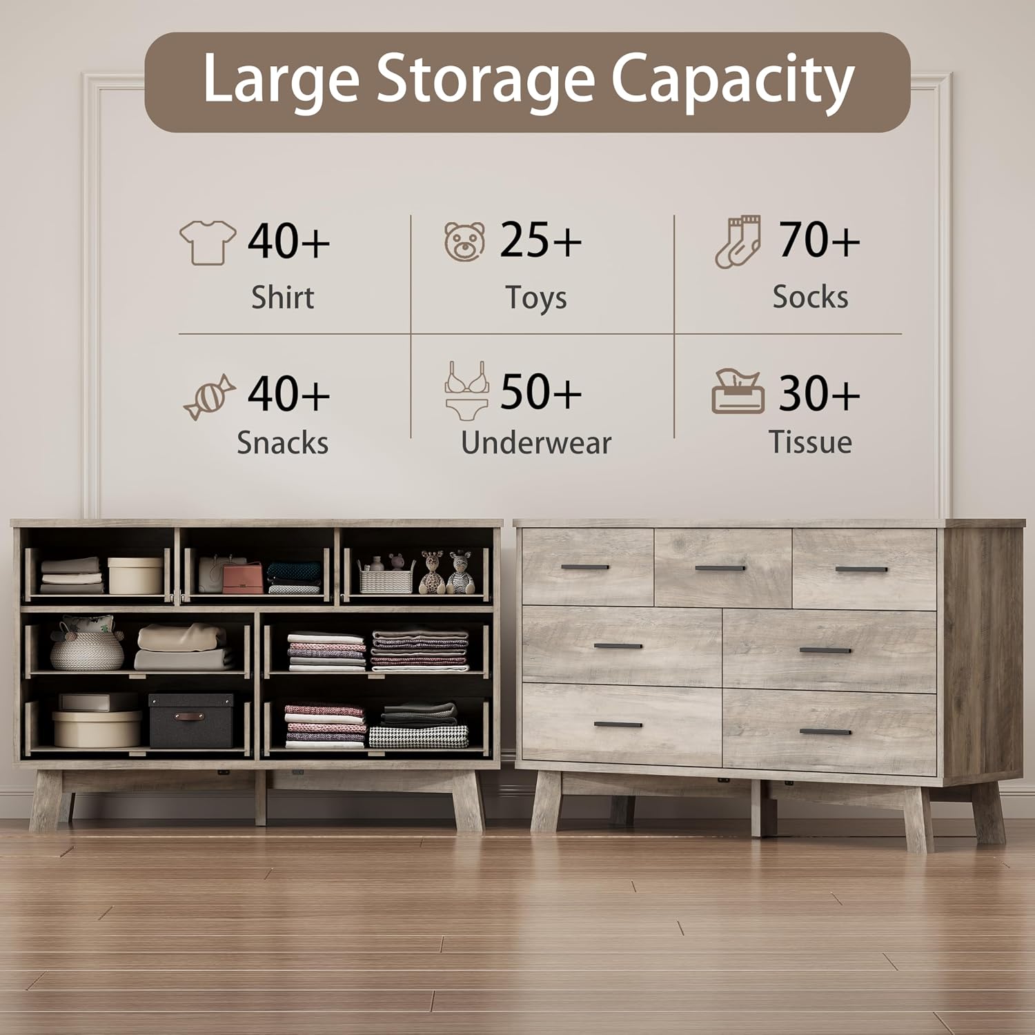 Xixini Dresser for Bedroom with 7 Drawer, Wood Modern Chest of Drawers with X-Shaped Sturdy Base, Wide Double Dresser Closet Clothes Storage Organizer, Wooden TV Stand for Living Room, Hallway, Grey