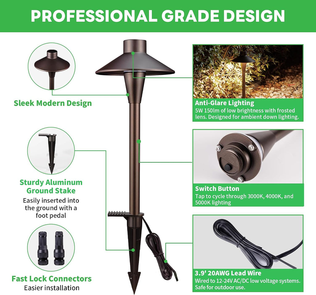 Outdoor Path Lights, LED Landscape Pathway Lights 3000K/4000K/5000K Selectable, 12V Low Voltage Wired, Waterproof 5W 150LM ORB Aluminum for Backyard Patio 6 Pack