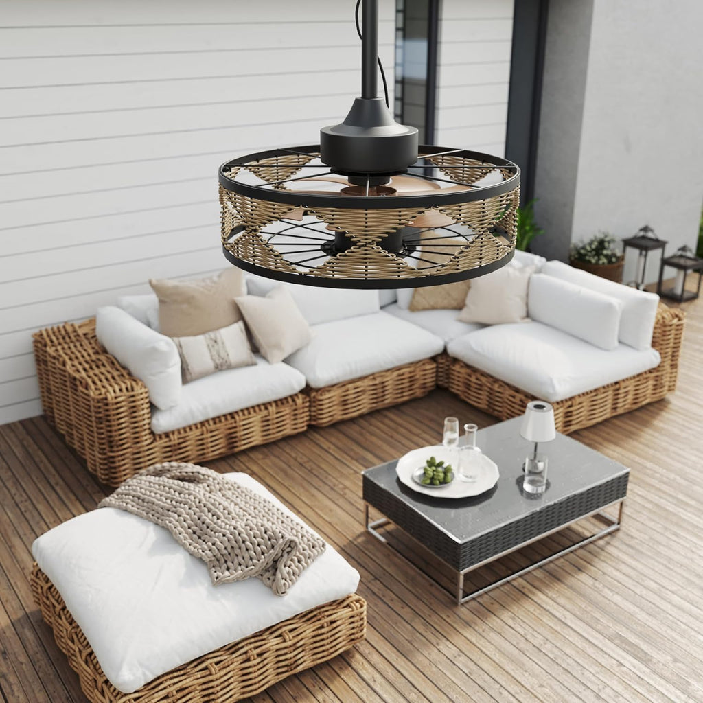 Boho Outdoor Ceiling Fans for Patios, 20 Inch Waterproof Plug In Ceiling Fan with Light, 3CCT, Rattan Caged Gazebo Fan Light with Remote and App Control, 6 Speed Reversible for Pergola, Porch, Indoor