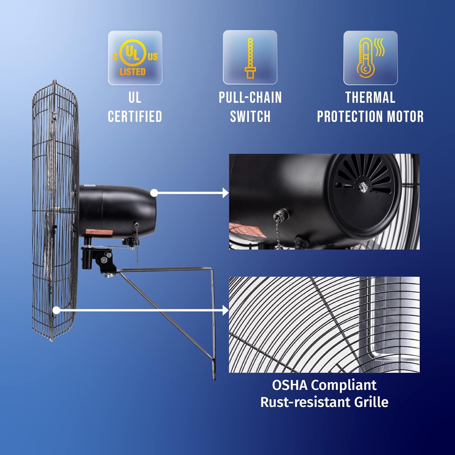 Tornado 24 Inch Pro Series High Velocity Oscillating Wall Mount Fan For Commercial, Industrial Use 3 Speed 7200 CFM 6.6 FT Cord UL Safety Listed