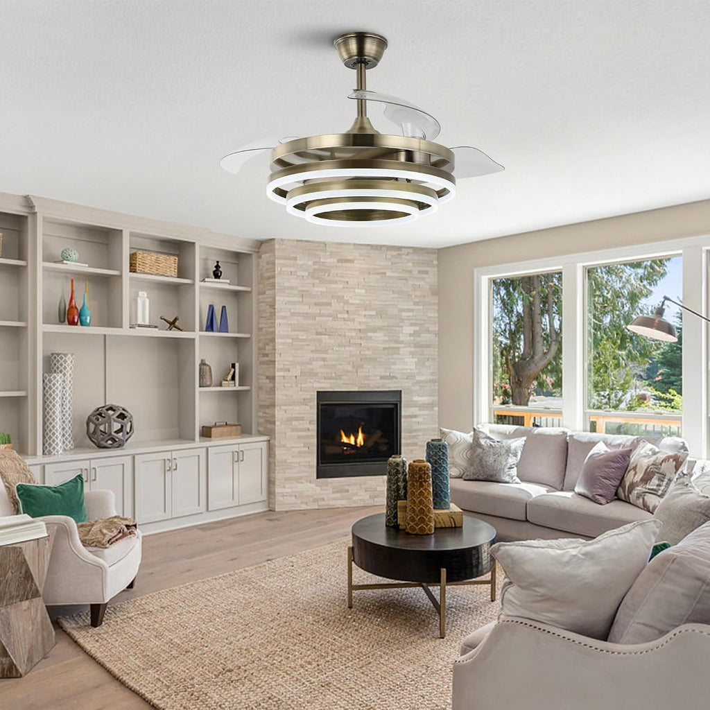 42' Retractable Fandelier Ceiling Fan with Lights Remote - Silent Dimmable Modern 6 Speed LED Chandelier Fan for Bedroom Living Room Kitchen