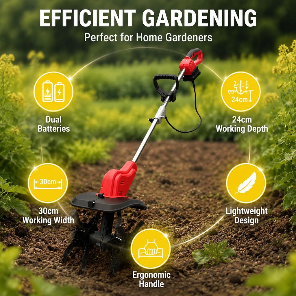 Electric Tiller Cultivator Digital Display 2 Battery Operated Ergonomic Handle Lightweight Electric Garden Rototiller