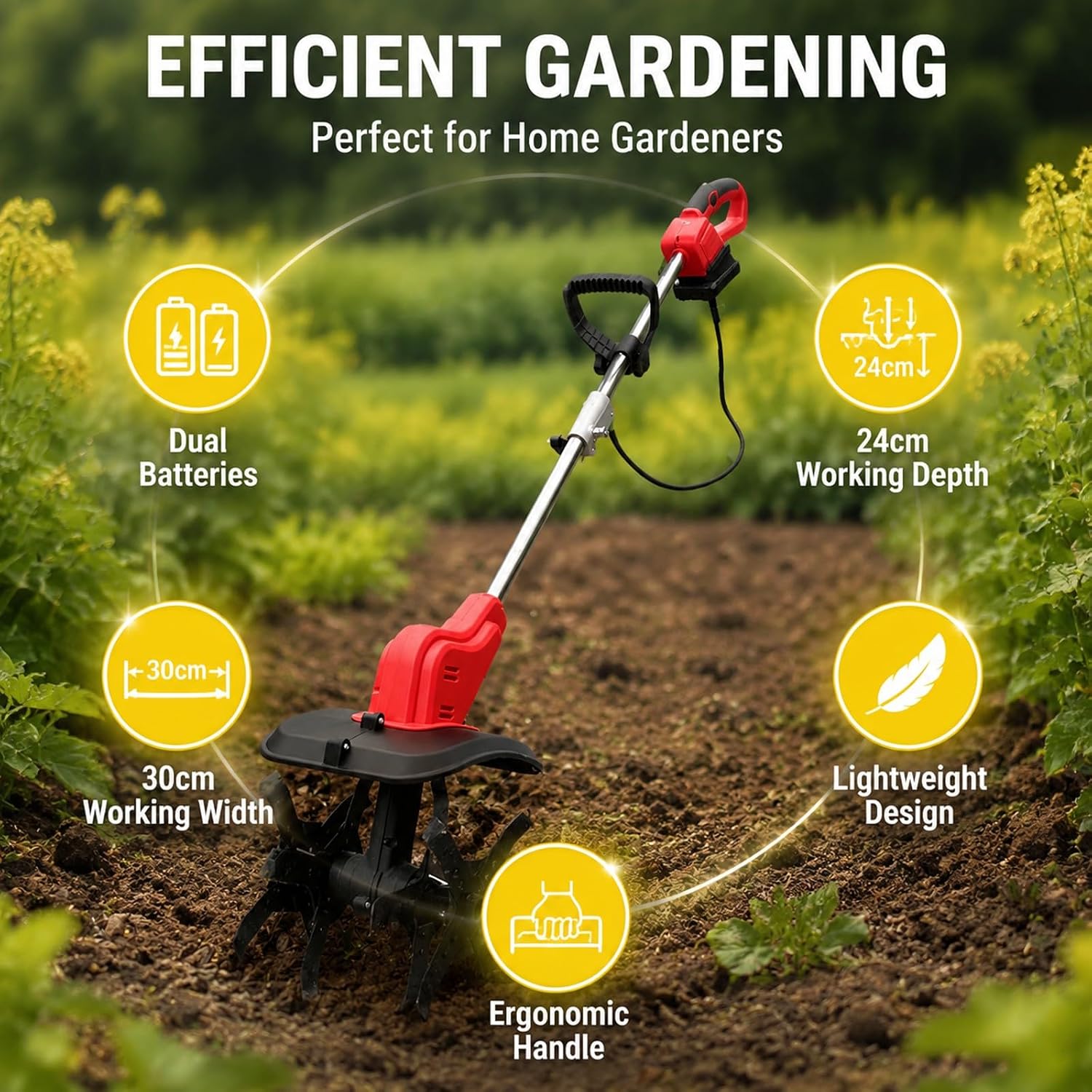 Electric Tiller Cultivator Digital Display 2 Battery Operated Ergonomic Handle Lightweight Electric Garden Rototiller
