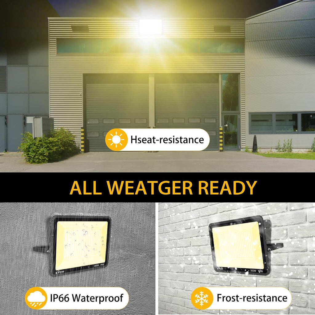 XYCN 2 Pack 300W Warm White LED Flood Light,No Plug,3000K 42500LM Outside Flood Light,Super Bright Outdoor Security Lights, IP66 Waterproof Floodlight for Yard,Playground,Garage, Garden, Lawn