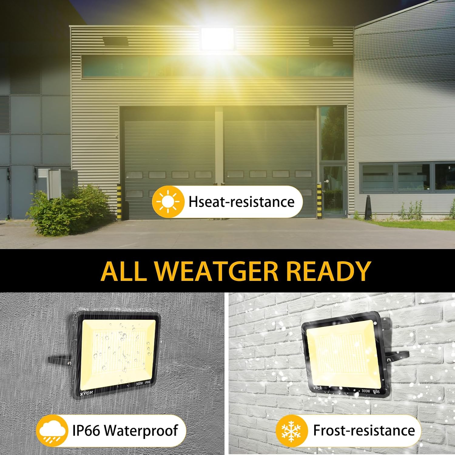 XYCN 2 Pack 300W Warm White LED Flood Light,No Plug,3000K 42500LM Outside Flood Light,Super Bright Outdoor Security Lights, IP66 Waterproof Floodlight for Yard,Playground,Garage, Garden, Lawn