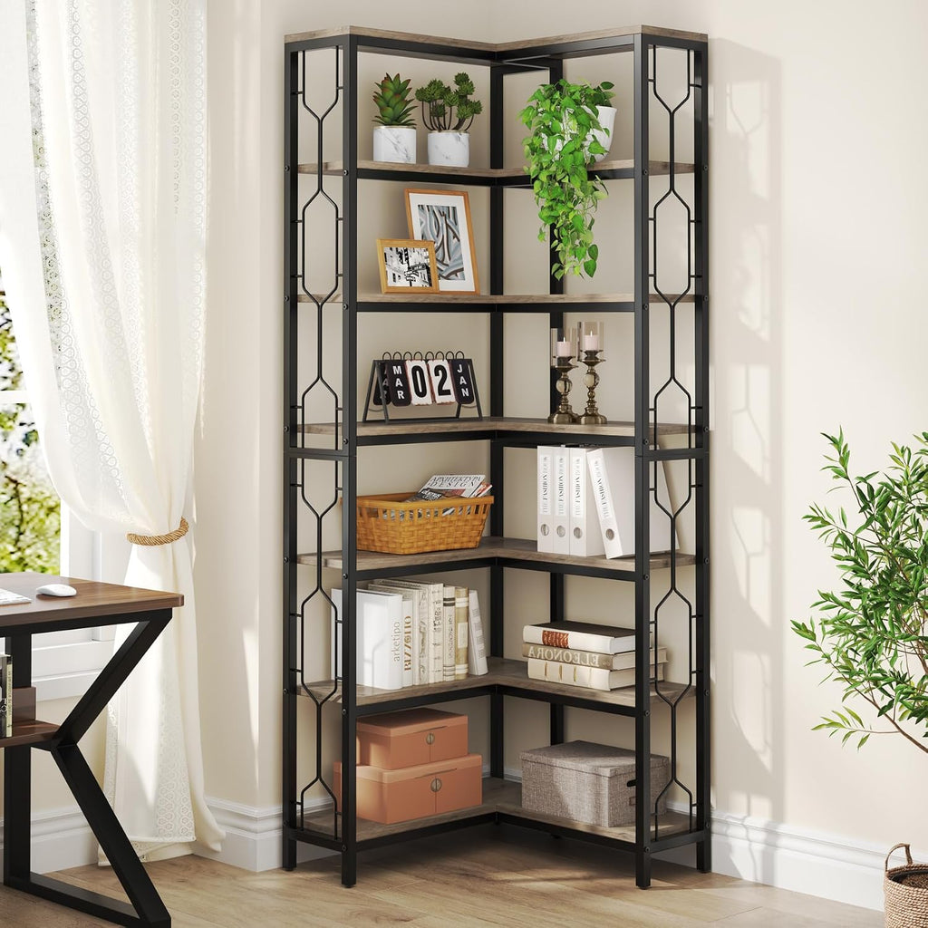LITTLE TREE Corner Shelf, 7-Tier Industrial Corner Bookshelf, Wood and Metal Corner Etagere Bookcase, Freestanding Display Shelf for Living Room, Kitchen, Home Office, Grey