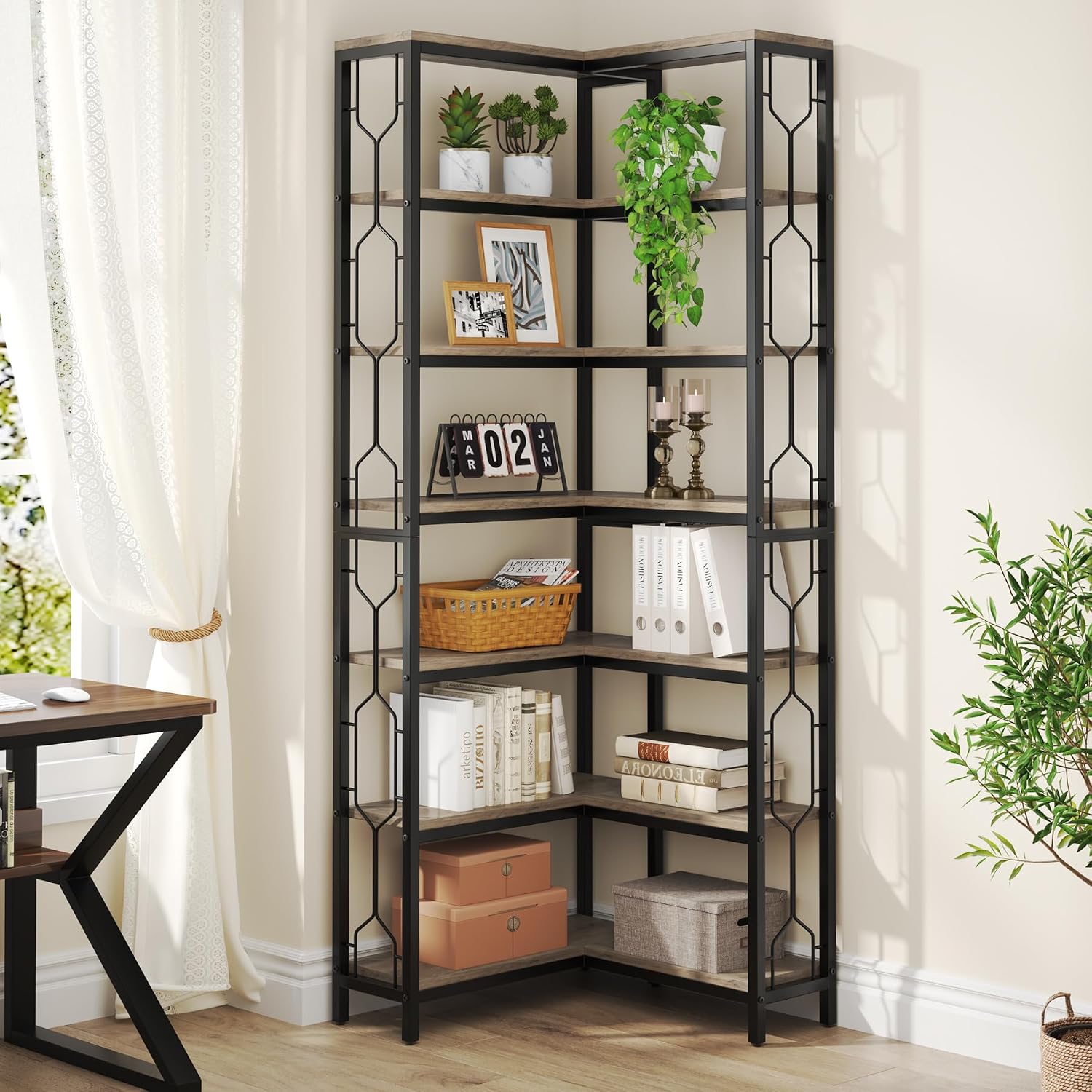LITTLE TREE Corner Shelf, 7-Tier Industrial Corner Bookshelf, Wood and Metal Corner Etagere Bookcase, Freestanding Display Shelf for Living Room, Kitchen, Home Office, Grey