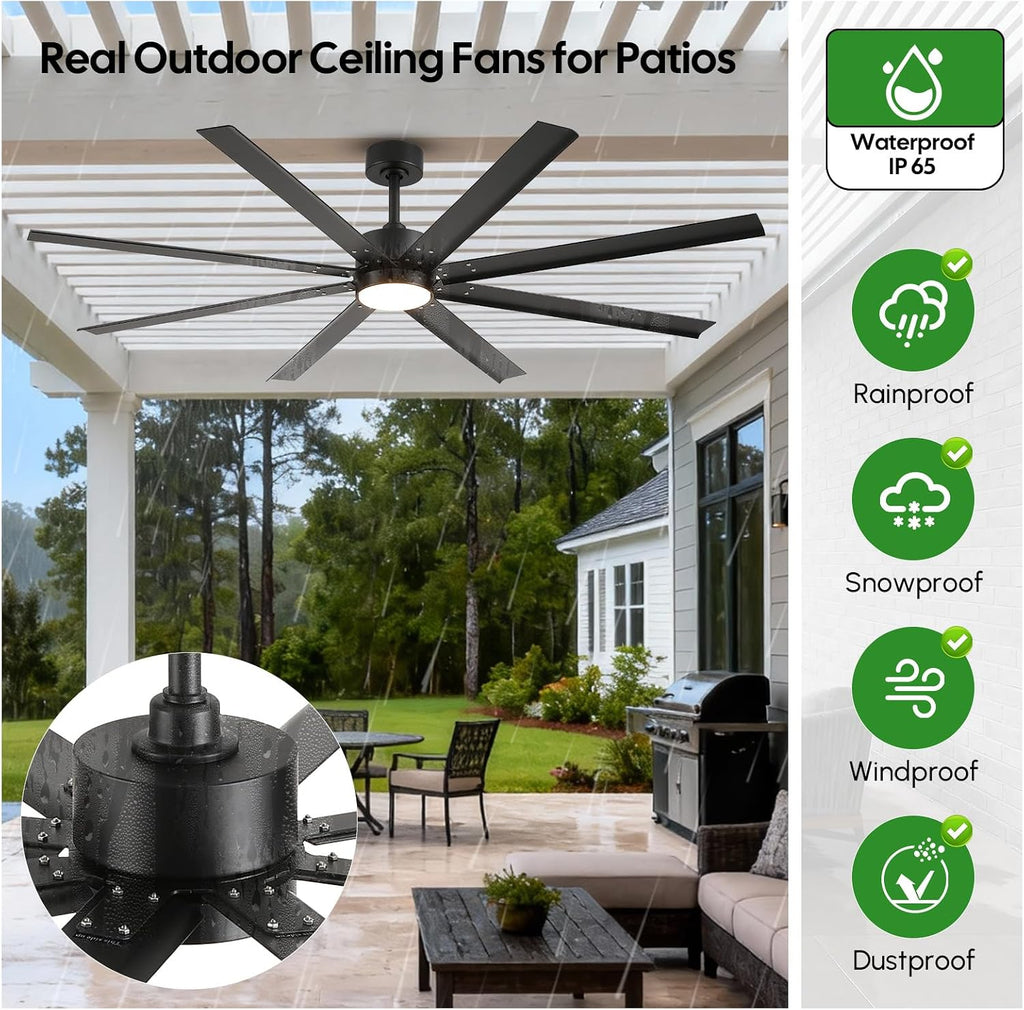 65 Inch All-Weather Outdoor Ceiling Fan with Light and Remote, IP65 Wet Rated, High CFM, 8 Large Black Waterproof Aluminum Blades, Energy Efficient Quiet DC Motor for Patio, Porch, Pergola, Garage