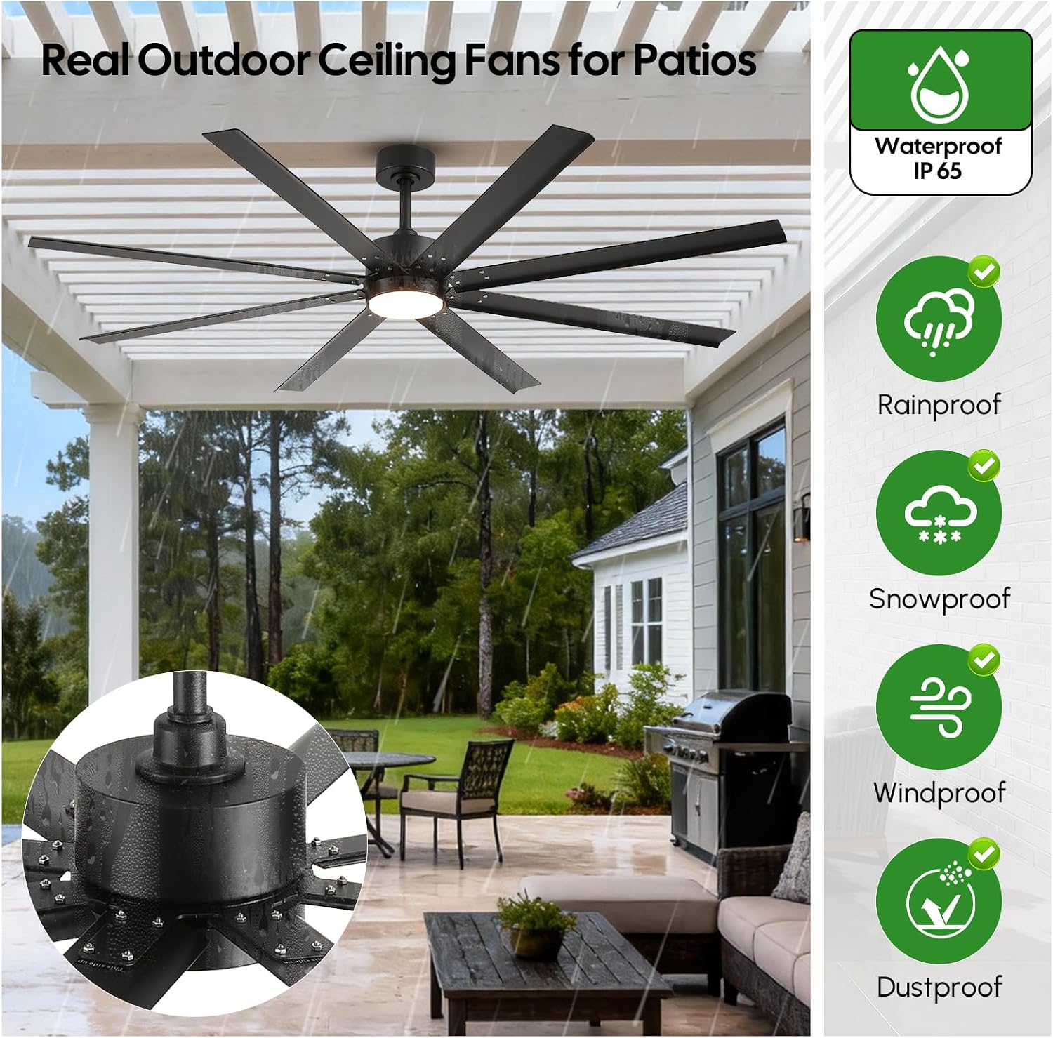 65 Inch All-Weather Outdoor Ceiling Fan with Light and Remote, IP65 Wet Rated, High CFM, 8 Large Black Waterproof Aluminum Blades, Energy Efficient Quiet DC Motor for Patio, Porch, Pergola, Garage