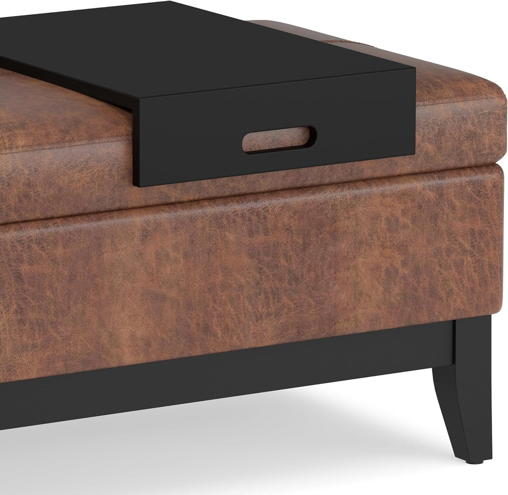 SIMPLIHOME Oregon Storage Ottoman Bench with Tray - 42 inch Wide Vegan Leather Rectangle Storage Ottoman Bench in Distressed Saddle Brown, Transitional Tufted Ottoman for Living Room with Lift-Up Lid