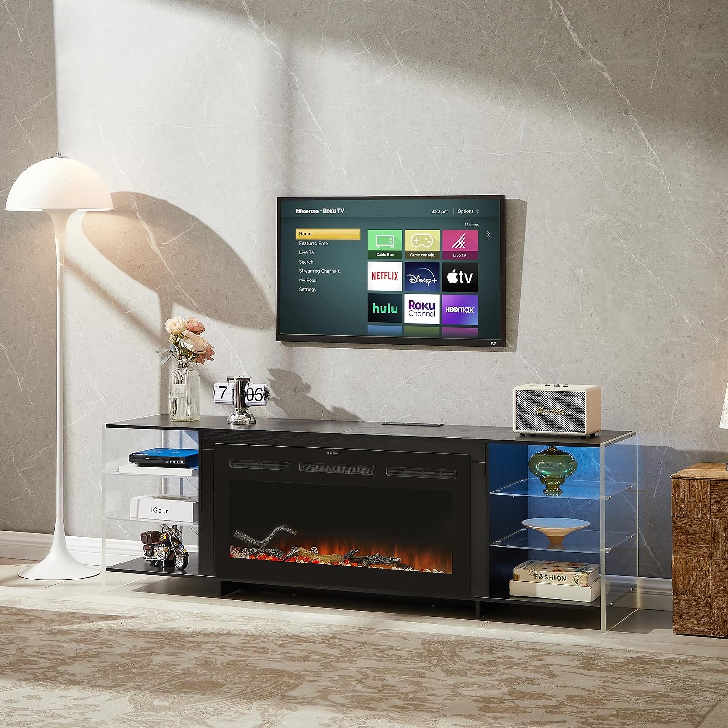 VECELO Fireplace TV Stand for Televisions up to 75' with 3D Flame/13 Colors, Modern Media Entertainment Center Console Table with LED Lights, 3 Tier Transparent Storage Shelves, for Living Room, Black