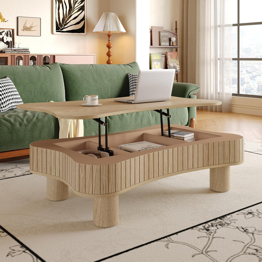 Zurnes Lift Top Coffee Table with Storage, 42' Accent Table for Living Room, Fluted Panel Hidden Storage, Silent Hydraulic Lift, Curved Corners, Easy Assembly, Natural Wood