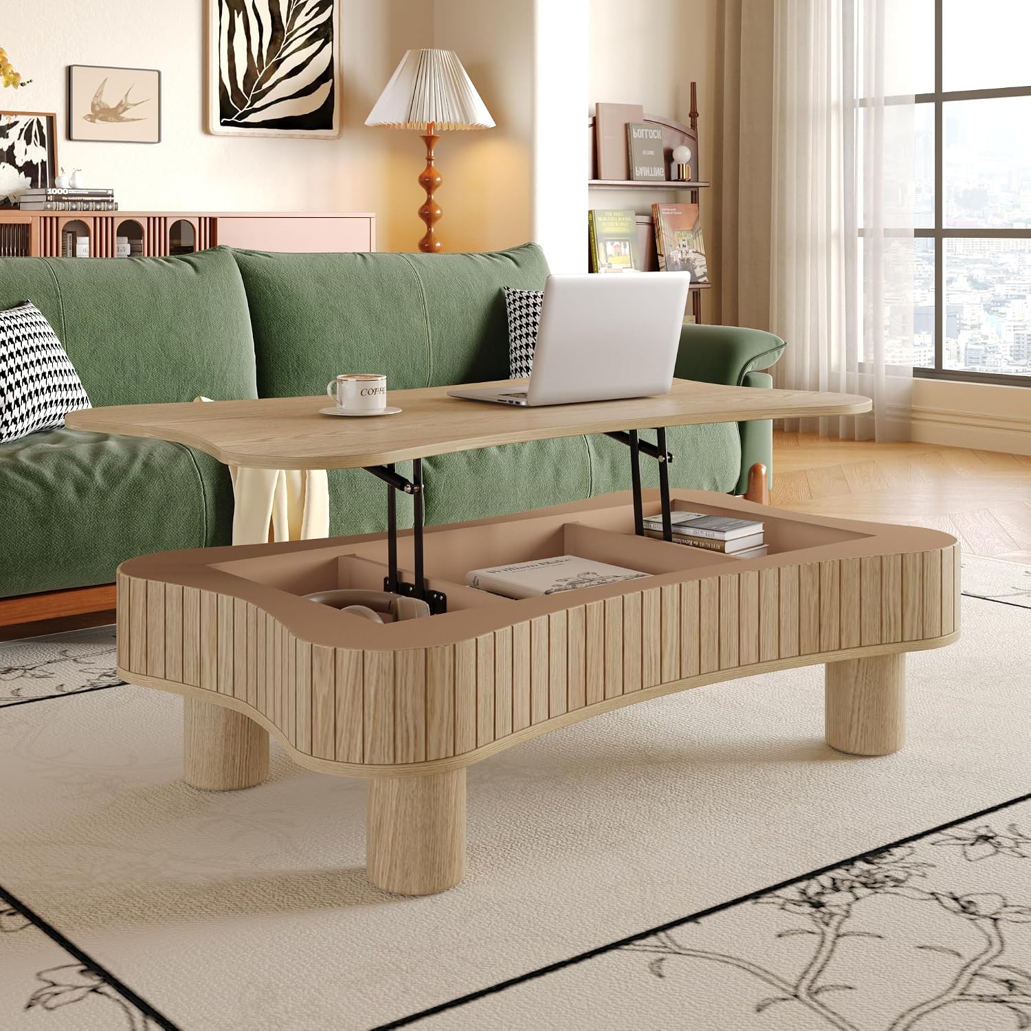 Zurnes Lift Top Coffee Table with Storage, 42' Accent Table for Living Room, Fluted Panel Hidden Storage, Silent Hydraulic Lift, Curved Corners, Easy Assembly, Natural Wood