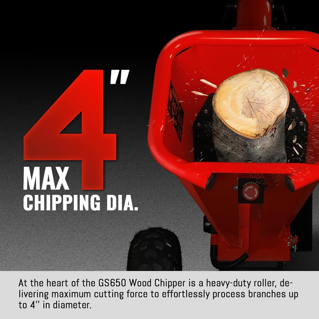 MechMaxx 4'' inch Honda 196cc 6.5HP Gasoline Engine Powered Towable Wood Chipper Shredder with Tow Bar, 4' Max Chipping Diameter Capacity, Emergency Stop Button, Model GS650