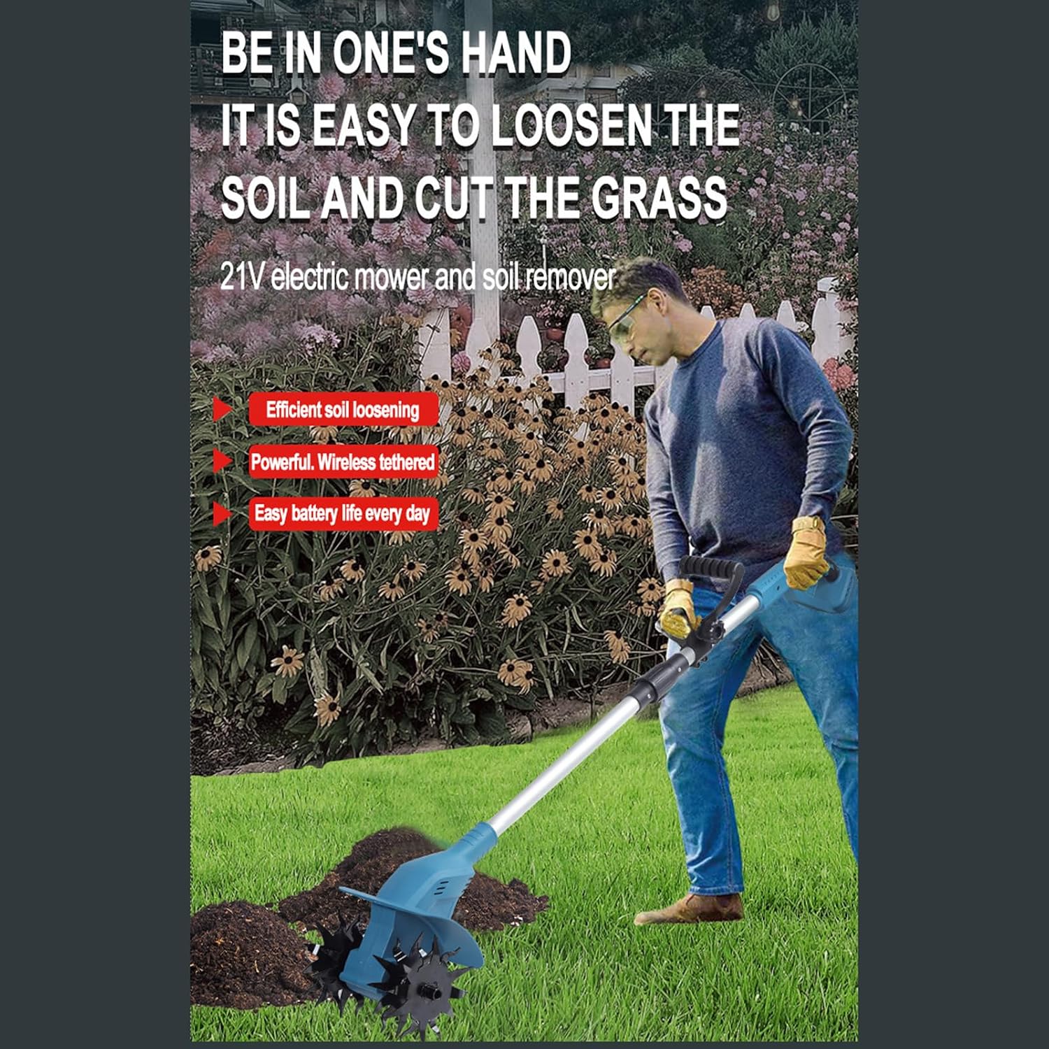 21V Electric Cultivator Cordless Tiller 330RPM High Speed 4 Durable Steel Tines for Lawn Gardening Soil Cultivation 9.5inches Depth