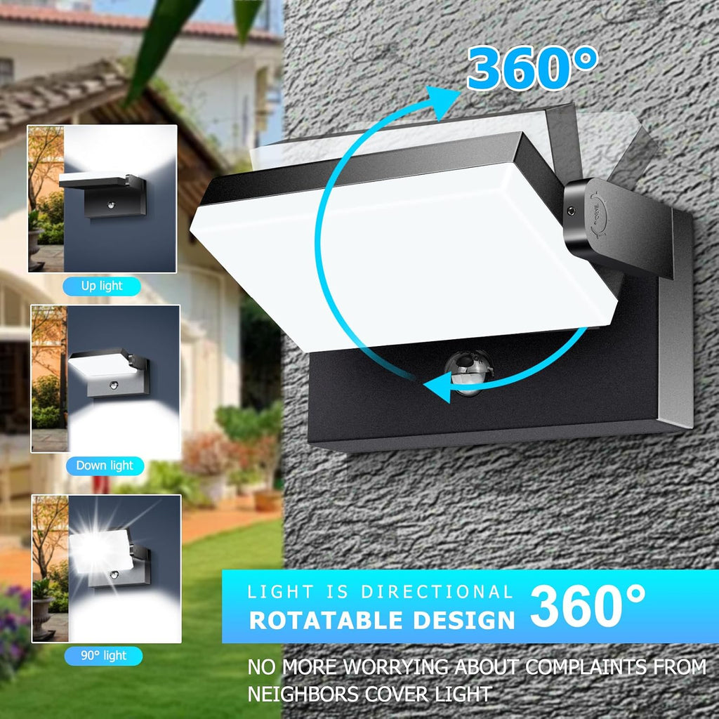 60W LED Outdoor Wall Light – 360° Rotatable, Motion Sensor & Color Temp Adjustable (3000K/4000K/6500K) Commercial Security Wall Mount for Barn, Proch,Garage & Yard