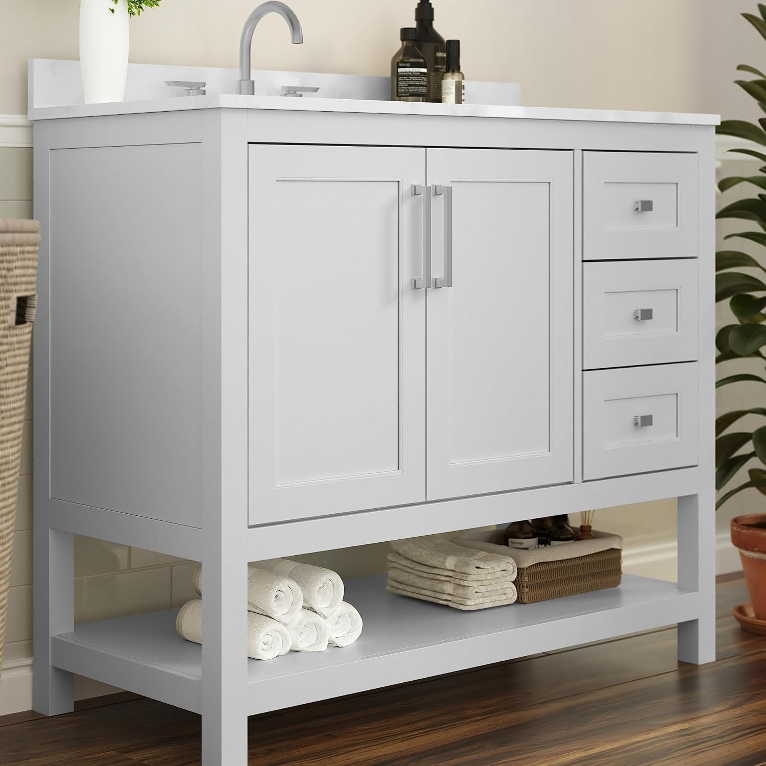 Flash Furniture Vega 42 Inch Bathroom Vanity with Sink, Storage Cabinet with Soft Close Doors, Open Shelf and 3 Drawers, Carrara Marble Finish Countertop, White/White