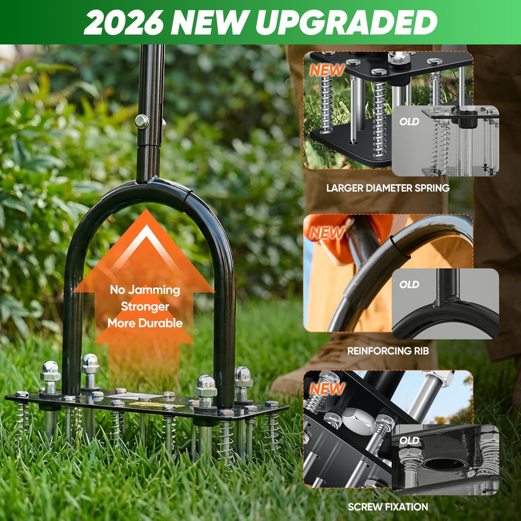 Saker Cordless Garden Tiller & Manual Lawn Aerator Tool Set, 22V Electric Rototiller Cultivator with 2 Batteries, 9' Width 6.3' Depth + 15-Spike Heavy Duty Lawn Aerator for Soil Preparation, Lawn Care