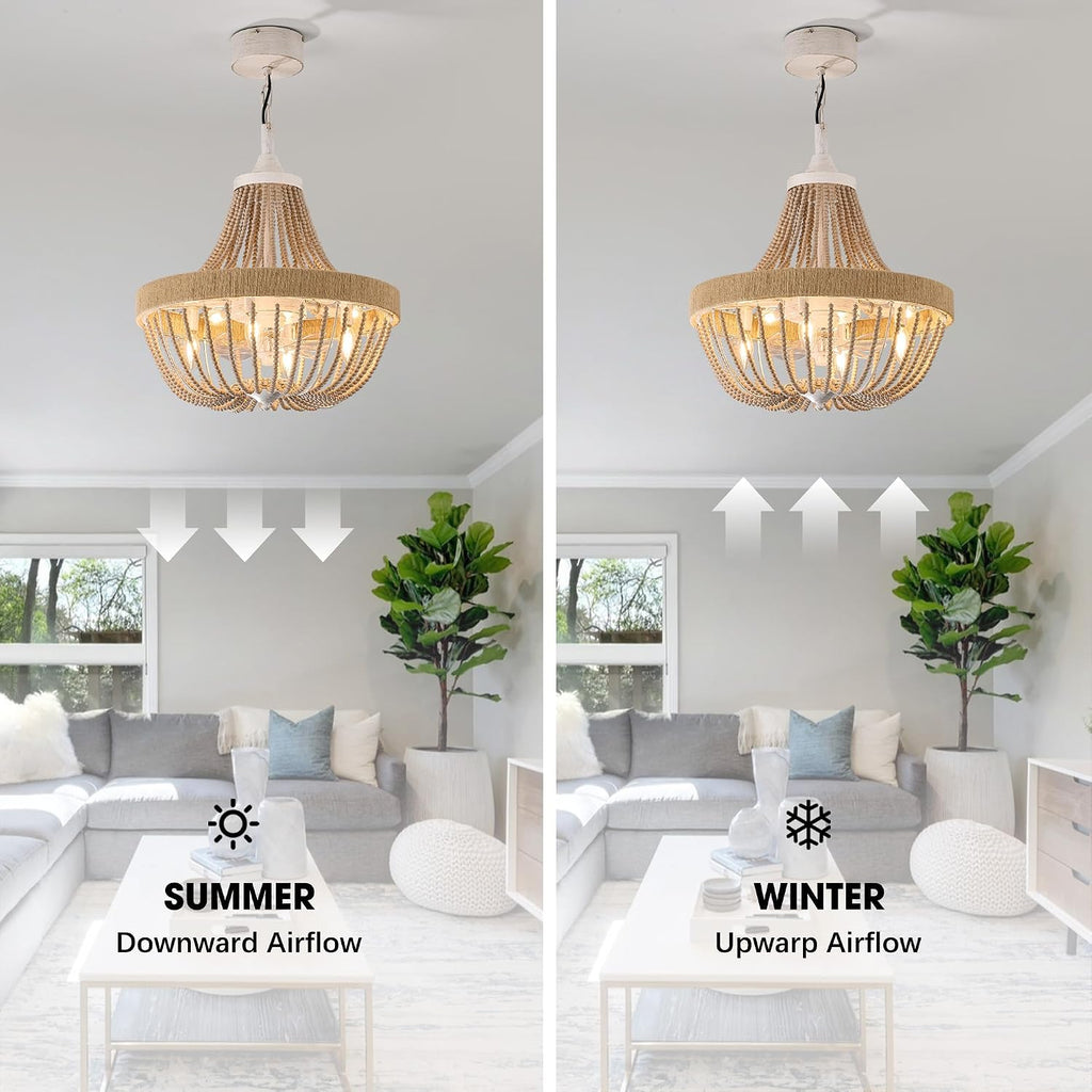 20' Rustic Beaded Chandelier Ceiling Fan with Lights, Remote & App Control, 6 Speed, 8-Lights Boho Fandelier, for Bedroom, Dining Room (Retro White)