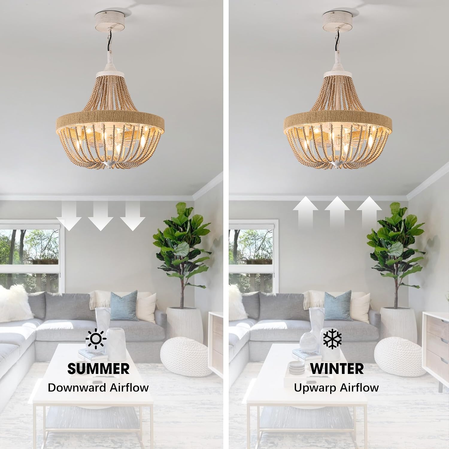 20' Rustic Beaded Chandelier Ceiling Fan with Lights, Remote & App Control, 6 Speed, 8-Lights Boho Fandelier, for Bedroom, Dining Room (Retro White)