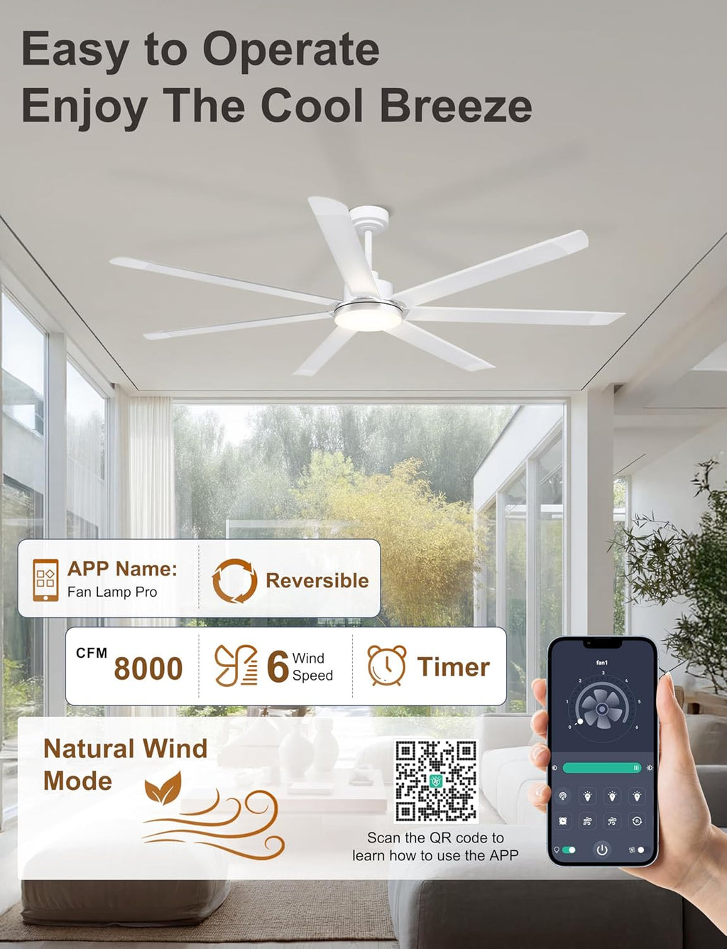 Ohniyou 72'' Large Ceiling Fan with Lights, High CFM Industrial Ceiling Fan with Remote/APP, 7 Aluminum Blades, Dimmable, for Outdoor Patio, Shop, Garage, White