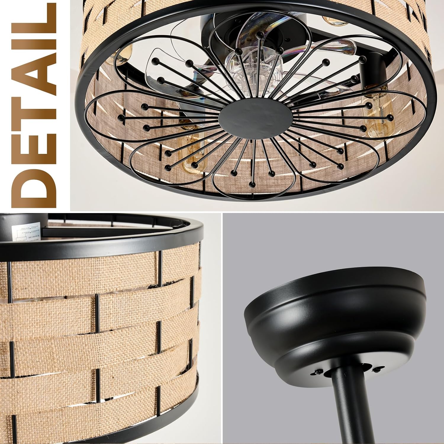 18.9in Boho Fandelier Ceiling Fan with Lights Wicker Chandelier Fan Rattan Caged Ceiling Light with Fans for Kitchen Island Bedroom Dining Room, Remote Control Reversible 6 Speeds E26 Base