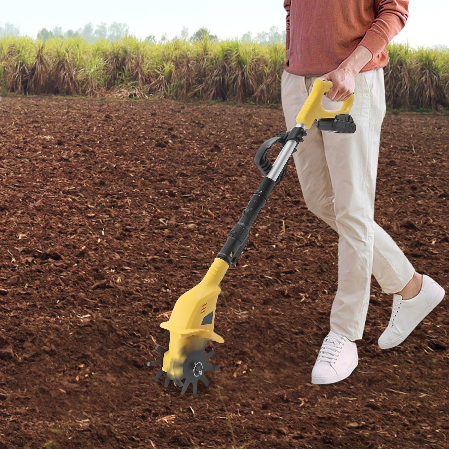 20V Cordless Tiller Cultivator，250RPM Electric Garden Tiller with Charger，Garden Rototiller for Lawn Gardening Soil Cultivation