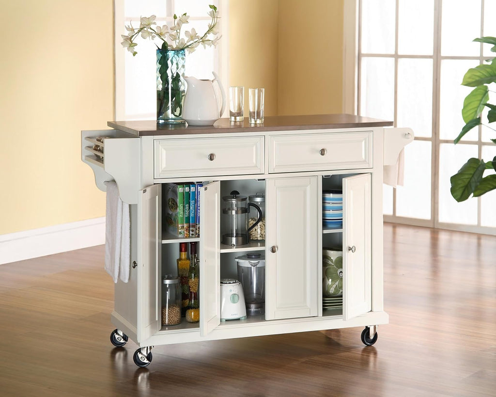 Crosley Furniture Full Size Stainless Steel Rolling Kitchen Island Storage Cart, Microwave Stand, Spice Rack, White