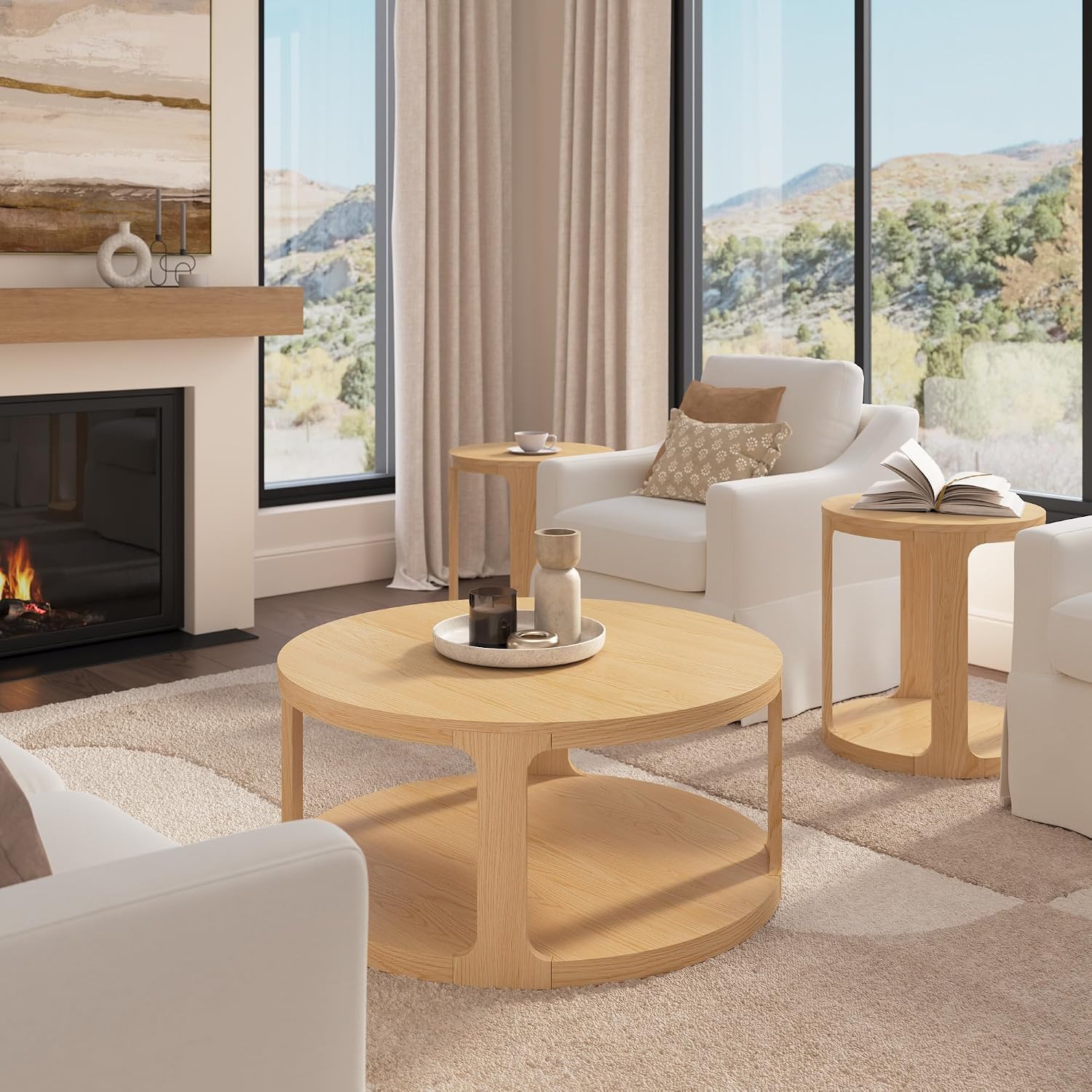 Bush Home Vera Round Coffee Table with Set of 2 Round End Tables, Living Room Furniture, Vera Collection, Natural White Oak