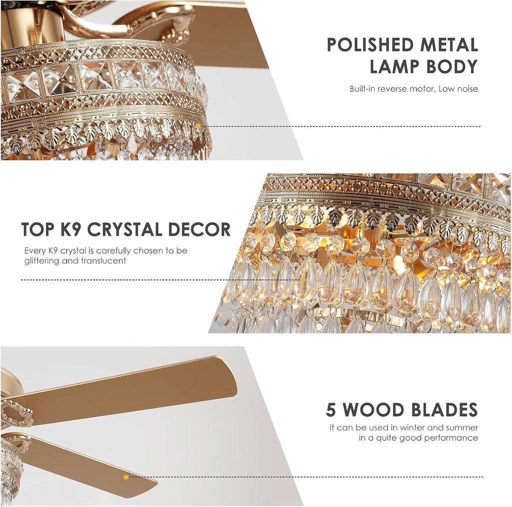 Asyko 52' Golden Crystal Ceiling Fan Fandelier with Lights - Modern Chandelier Fans with Remote Control，Noiseless DC Motor, Retro/Farmhouse Lighting, Dining Room,Living Room