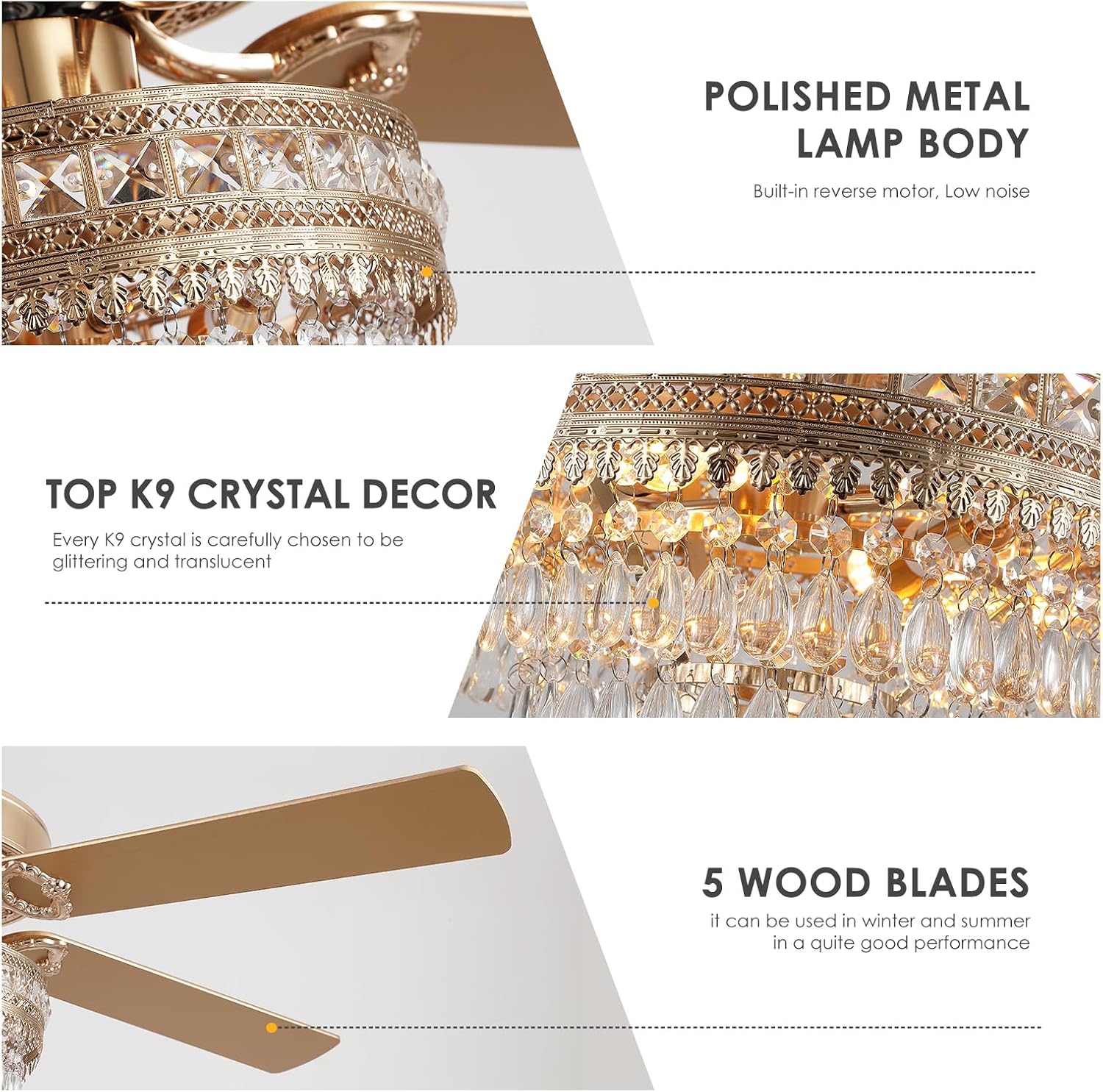 Asyko 52' Golden Crystal Ceiling Fan Fandelier with Lights - Modern Chandelier Fans with Remote Control，Noiseless DC Motor, Retro/Farmhouse Lighting, Dining Room,Living Room