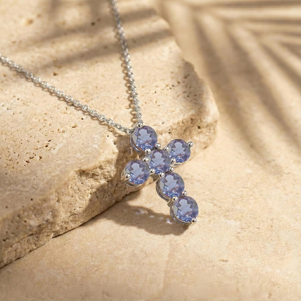 GOODSTONE JEWELS 925 Sterling Silver Cross Pendant Necklace for Women | Size 16+2 Inch Cable Chain with Lobster Clasp | Natural Birthstone Jewelry Gift for Her