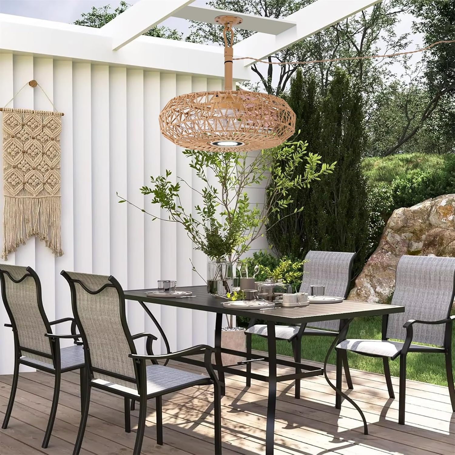 She's home 20'' Outdoor Gazebo Fan with Lights and Remote, Outside/Indoor Hanging Rattan Ceiling Fan, 3CCT Dimmable, 6-Speed DC Motor, Plug-in Wicker Woven Caged Ceiling Fans for Patio Pergola Porch