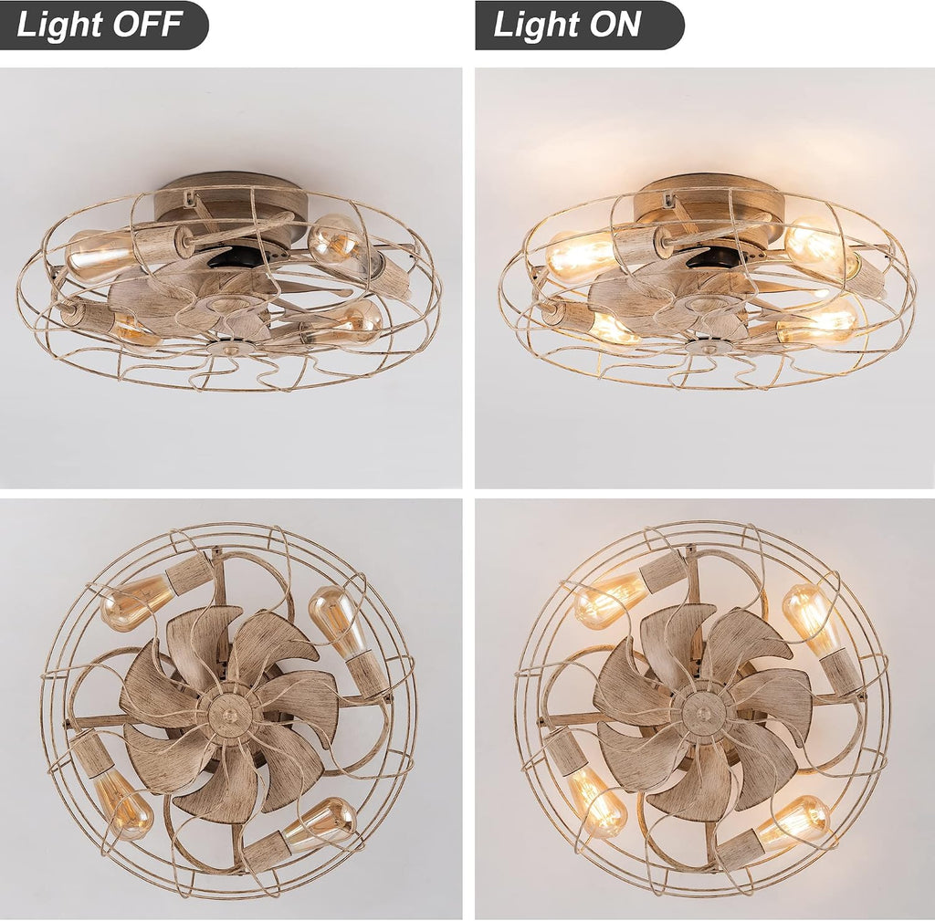 DIDER 21'' Low Profile Caged Ceiling Fan with Lights Remote Control, Include Bulbs, White Bladeless Ceiling Fan Indoor for Kitchen, Bedroom Fan, Small Modern Industrial Ceiling Light Fixture