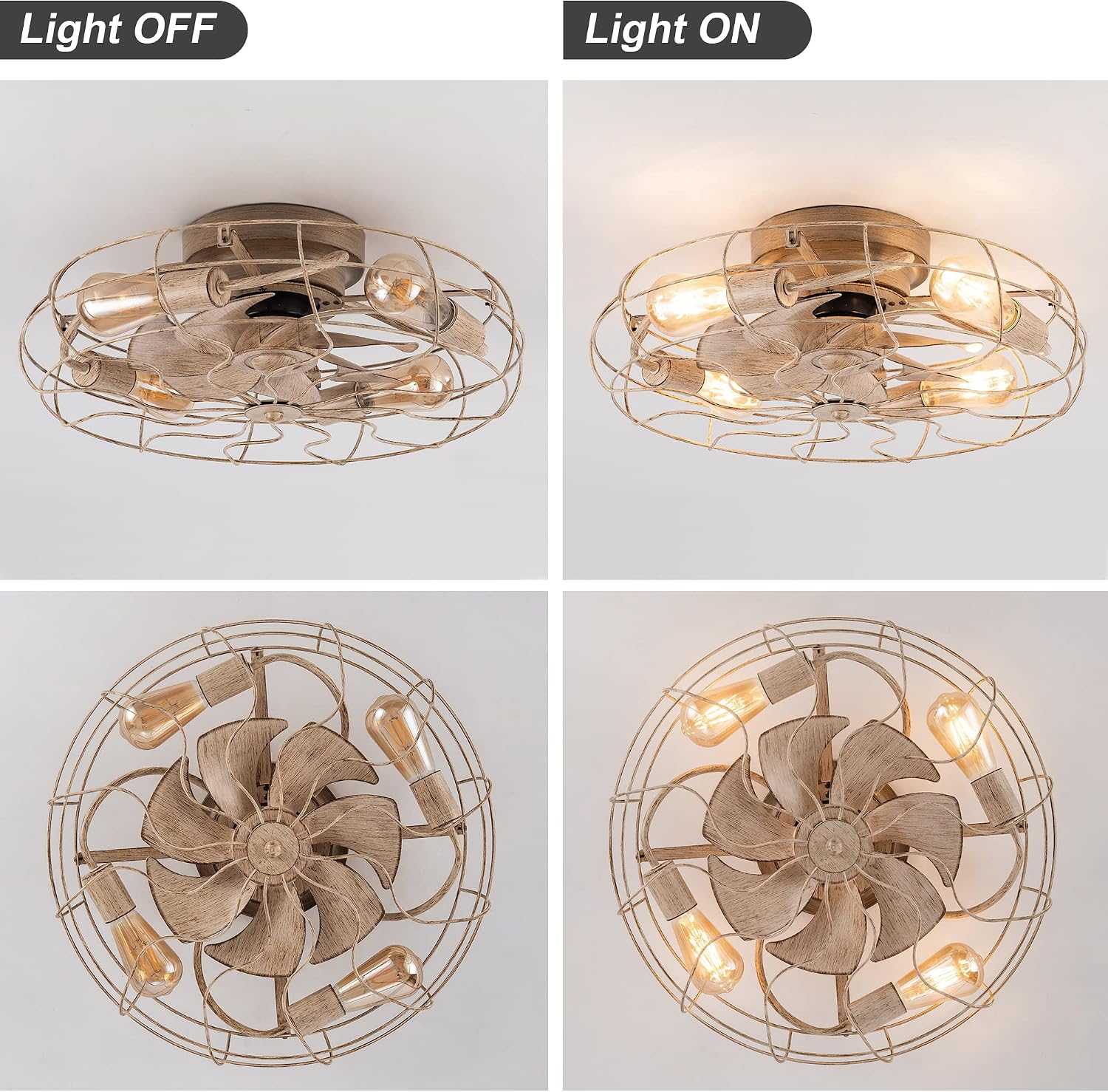 DIDER 21'' Low Profile Caged Ceiling Fan with Lights Remote Control, Include Bulbs, White Bladeless Ceiling Fan Indoor for Kitchen, Bedroom Fan, Small Modern Industrial Ceiling Light Fixture