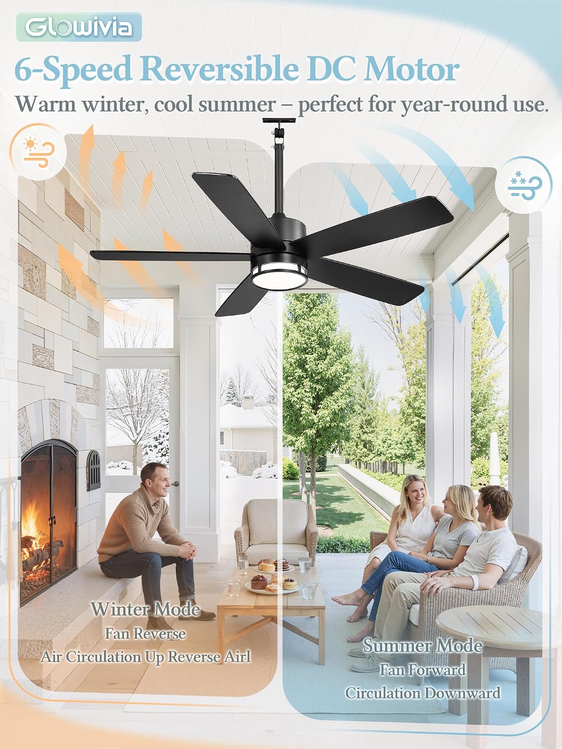46 Inch Outdoor Ceiling Fan with Lights, IP65 Waterproof, Smart APP Remote Control, Dimmable 3CCT LED, 6-Speed Quiet DC Motor, Plug in Hanging Fan with Cord for Patio Porch Gazebo (Black)