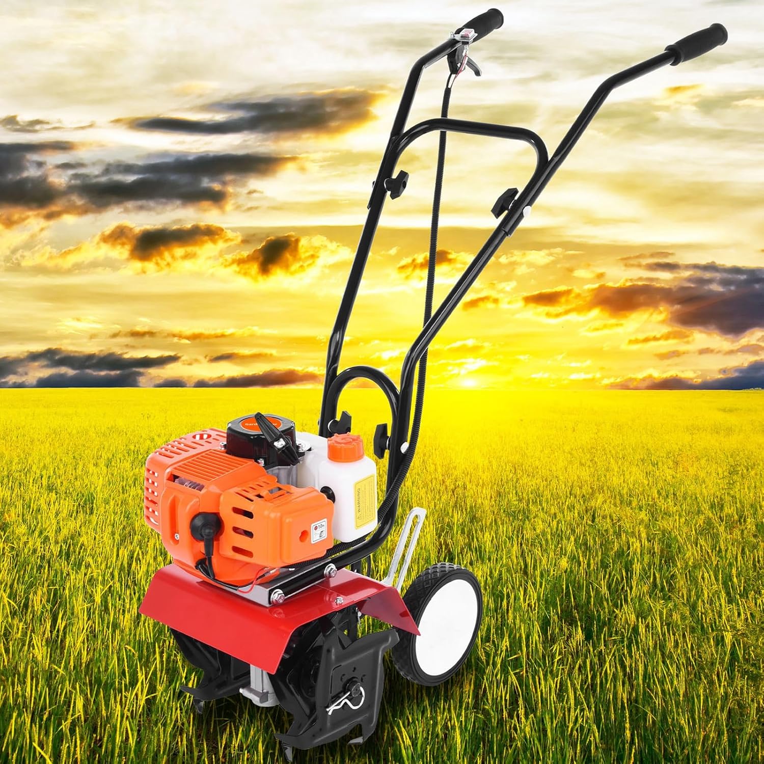 Talent Star Garden Tiller, Petrol Cultivator 2 Stroke 9000RPM 1.2L Fuel Tank 6-inch Working Depth 6-inch Working Depth Digging 52cc Garden Mini Tiller Orange